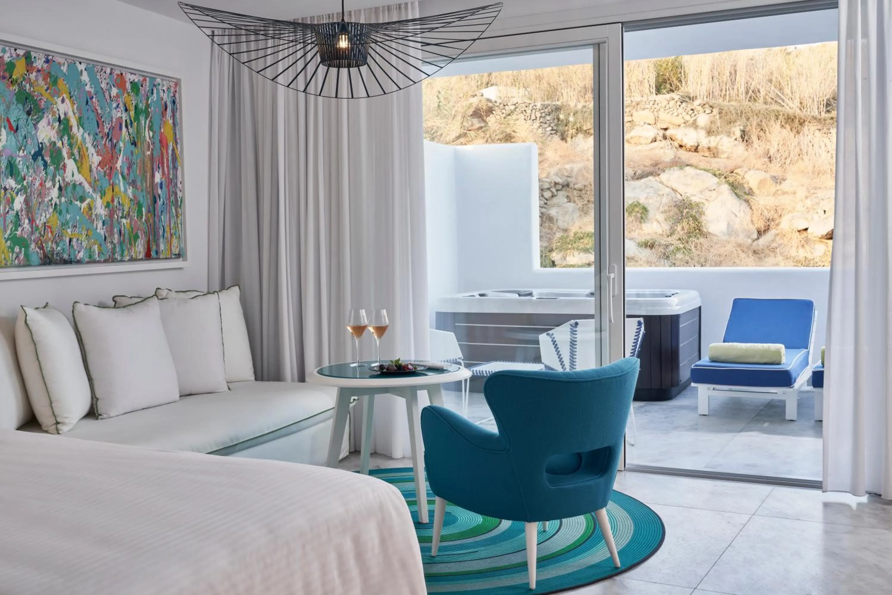 Hot Tub, Bed in Myconian Ambassador Relais & Chateaux