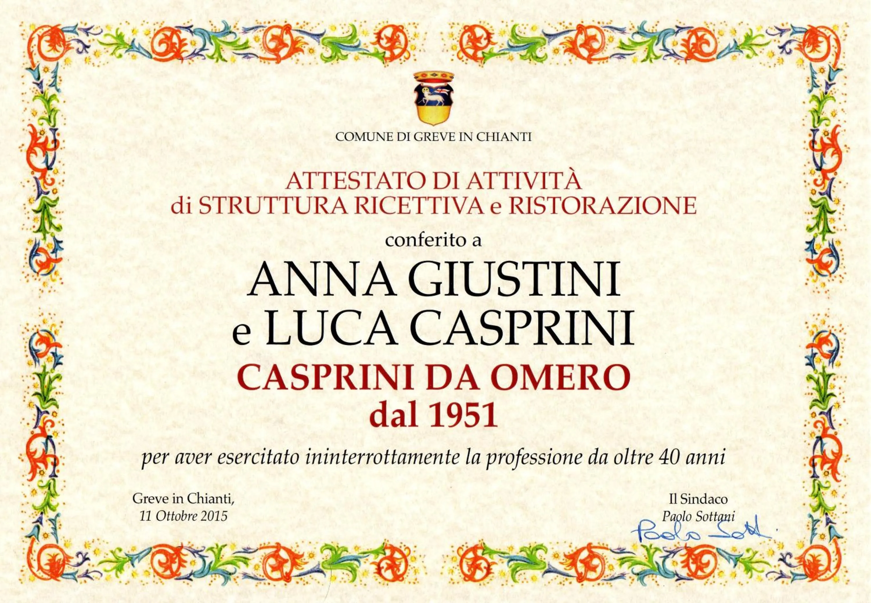Certificate/Award in Residence Casprini da Omero