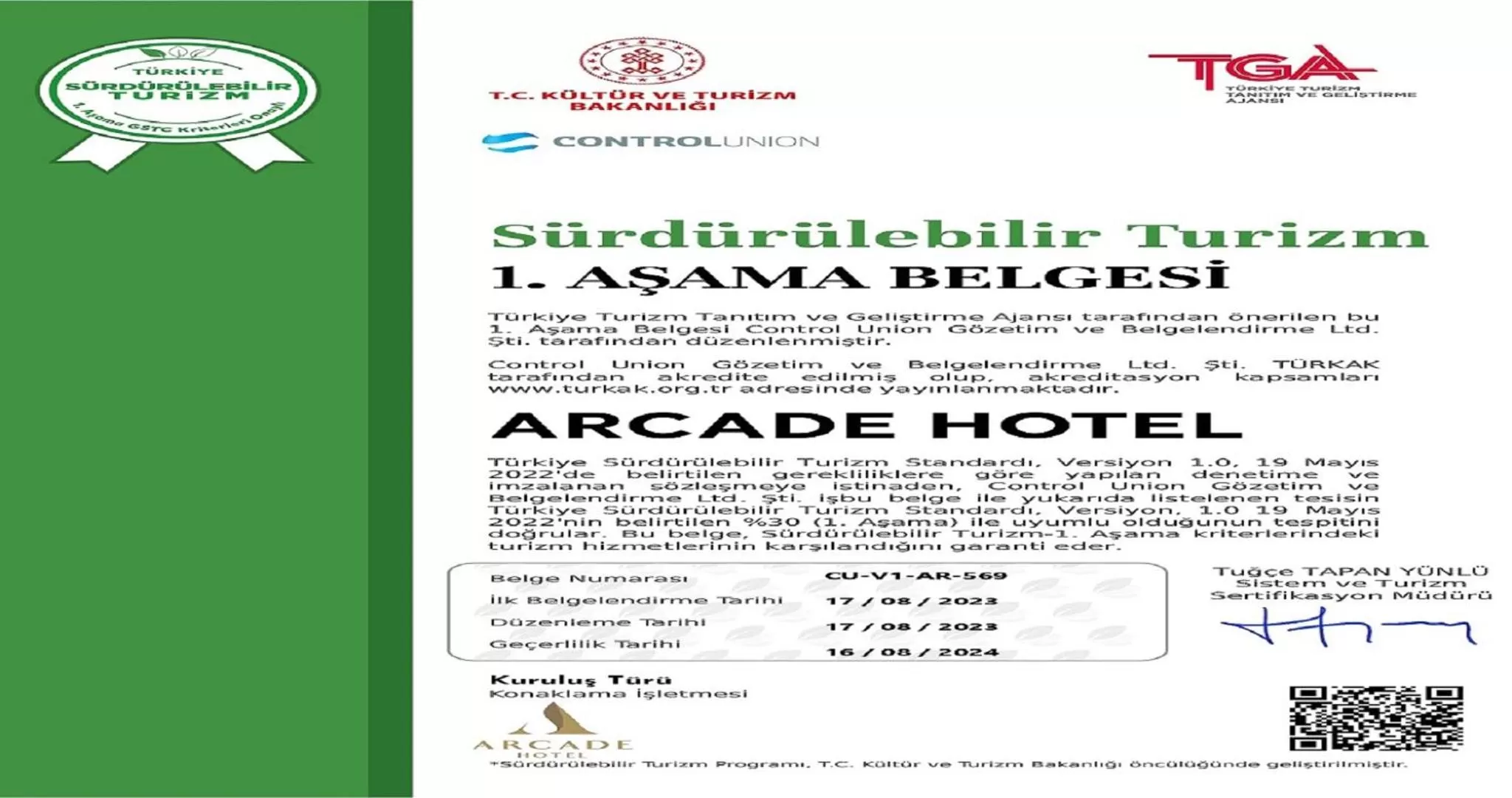 Certificate/Award in Arcade Hotel & SPA Nisantasi