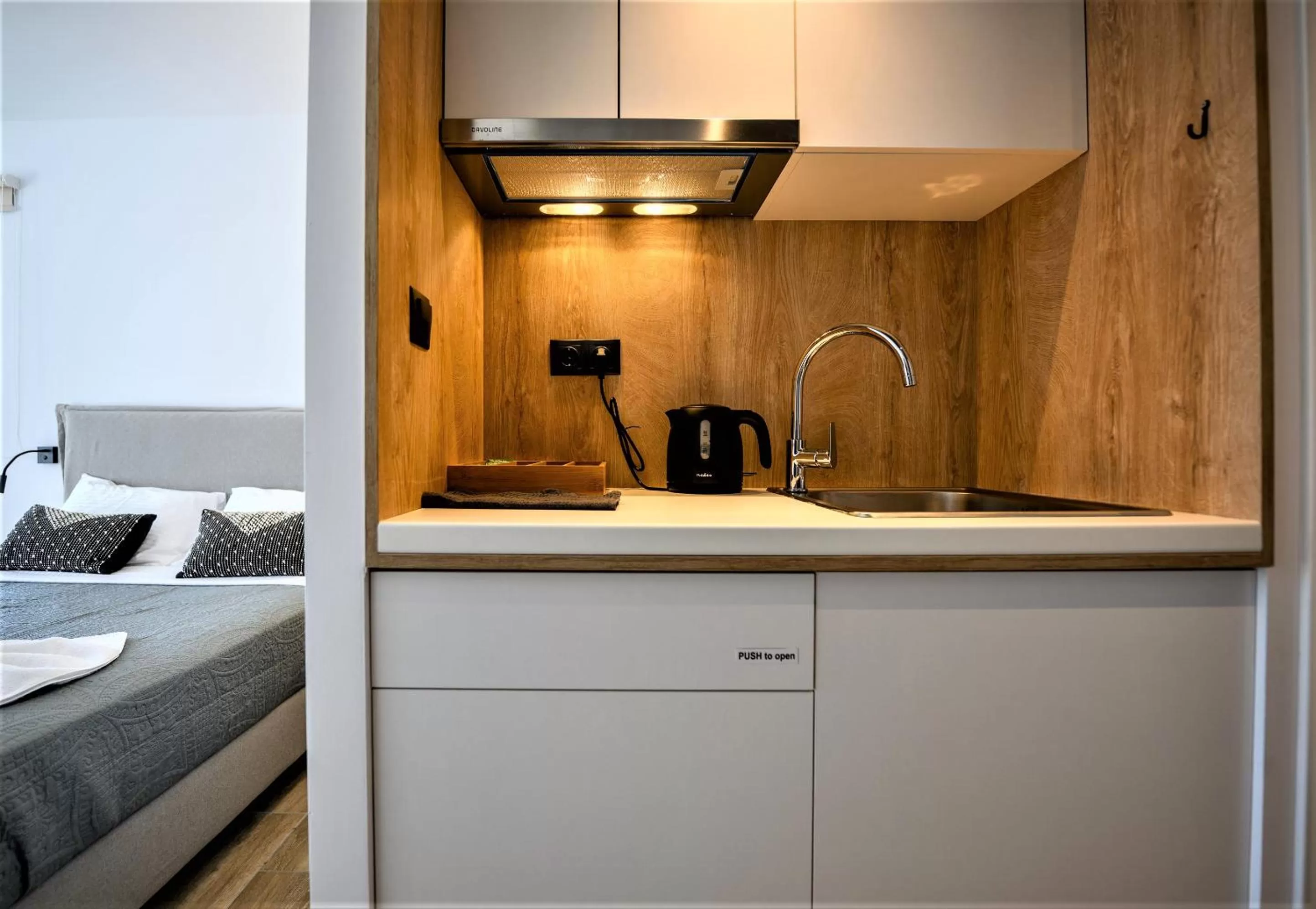 Kitchen or kitchenette, Bed in CUBES ON THE BEACH Athens Airport