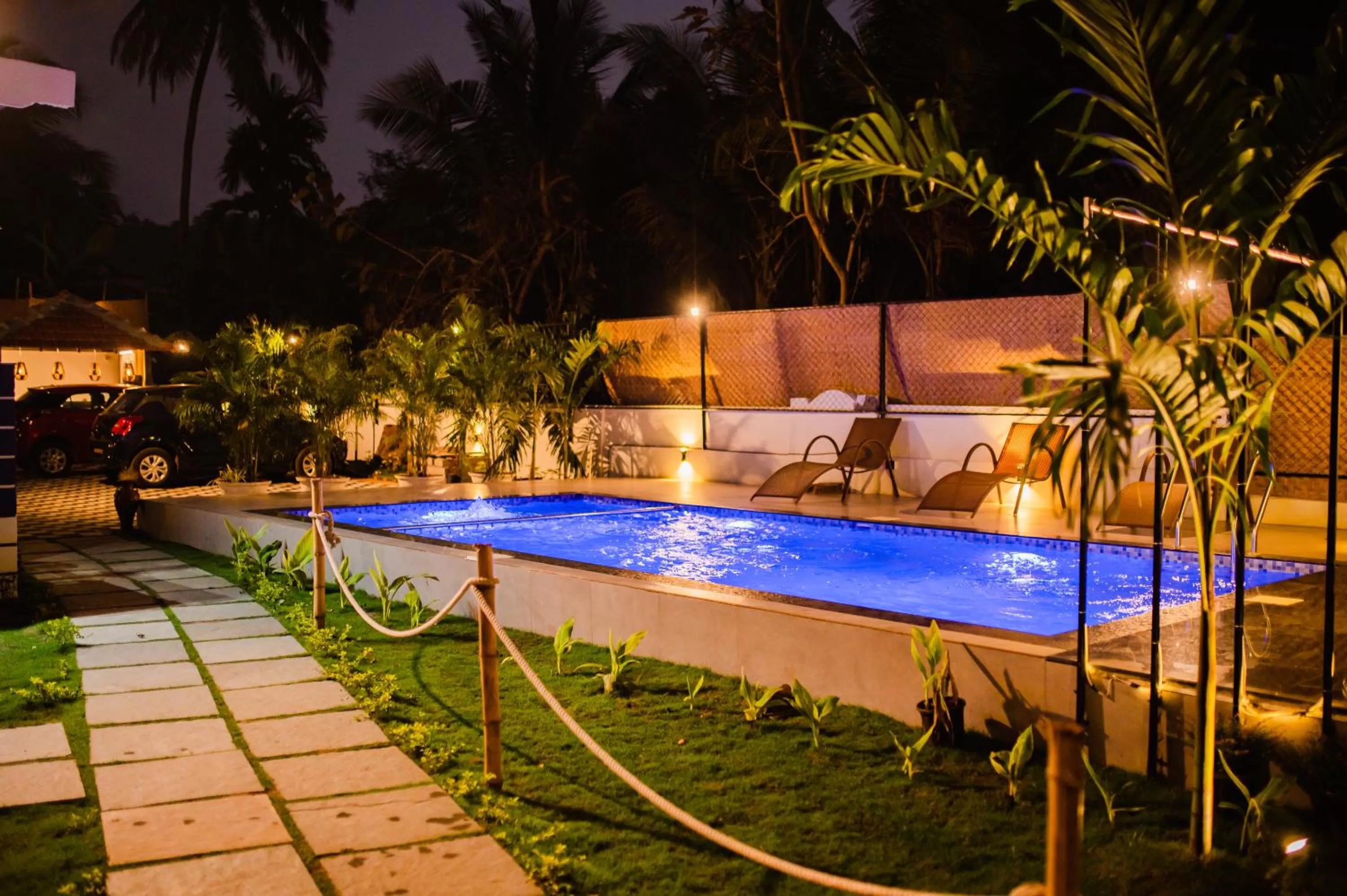 Night, Swimming Pool in Tranquill Riverside Luxury Cottages With Bathtub, Candolim