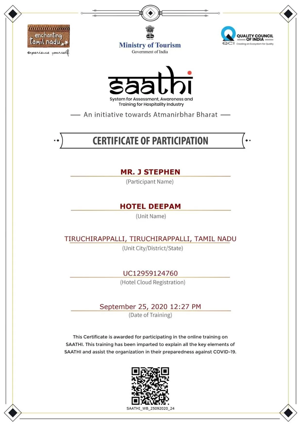 Logo/Certificate/Sign in Hotel Deepam