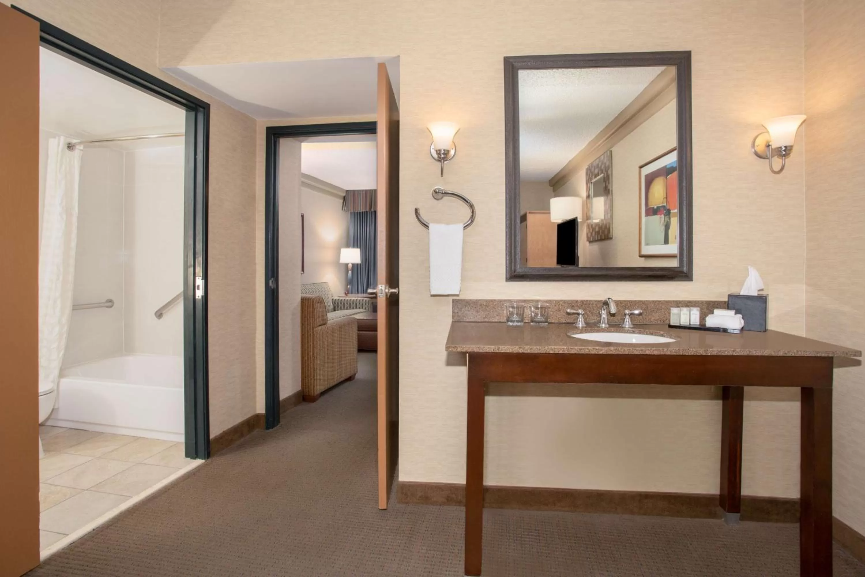 Bathroom, Bed in Embassy Suites by Hilton Phoenix Biltmore