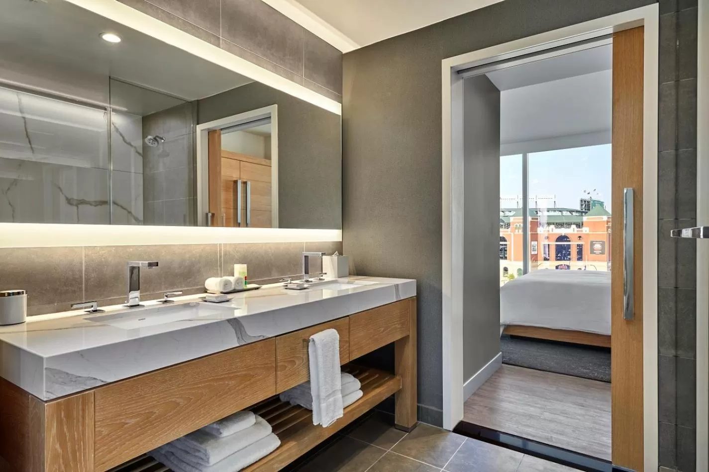 Bathroom, Bed in Live! by Loews - Arlington, TX