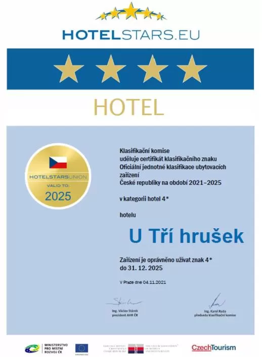 Certificate/Award in Hotel U Tří hrušek suites & apartments