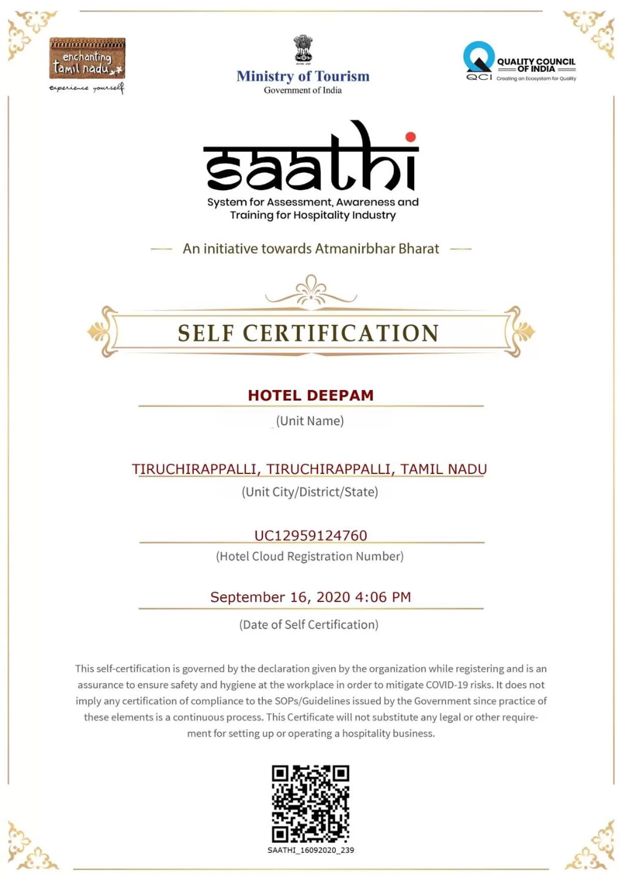 Logo/Certificate/Sign in Hotel Deepam