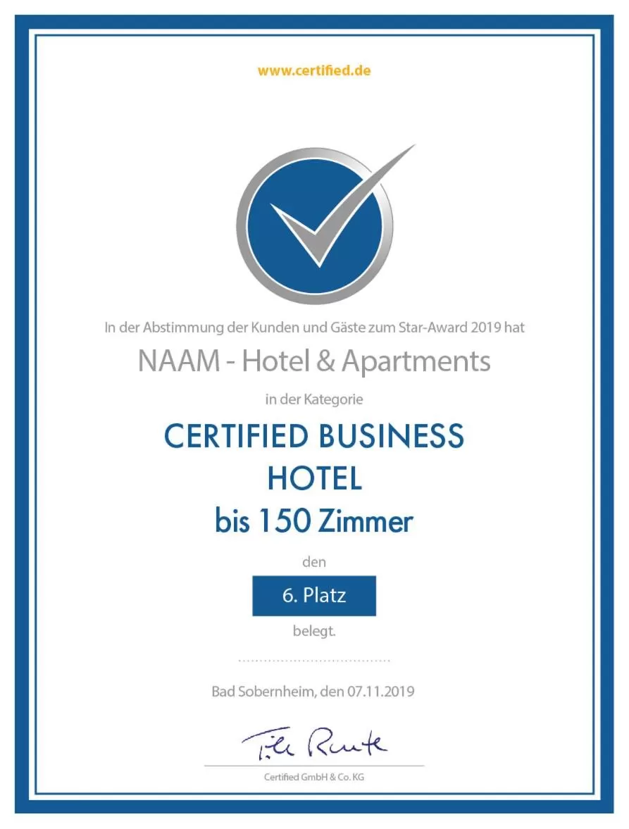 Certificate/Award in Naam Hotel & Apartments Frankfurt City-Messe Airport