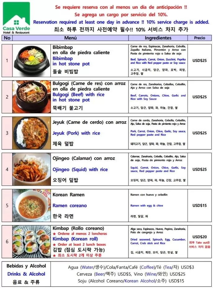 Food and drinks in Hotel Casa Verde