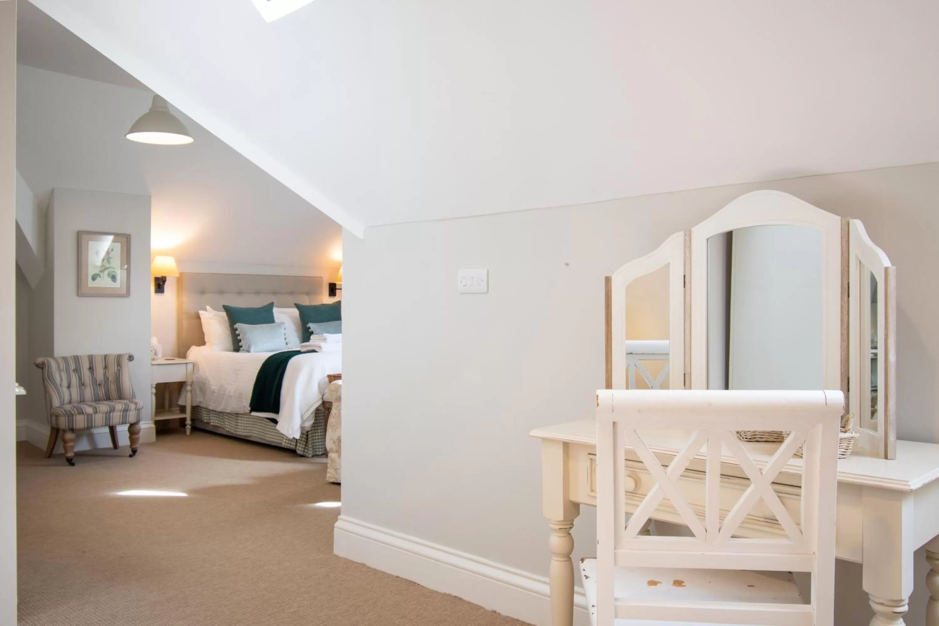 Photo of the whole room, Bed in The Farmhouse at Bodnant Welsh Food