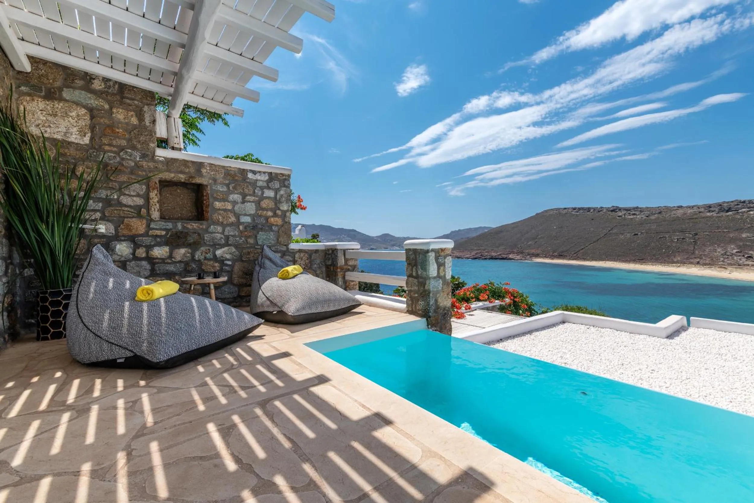 Premium Myconian Room with Private Heated Pool & Sea View in Panormos Village Hotel