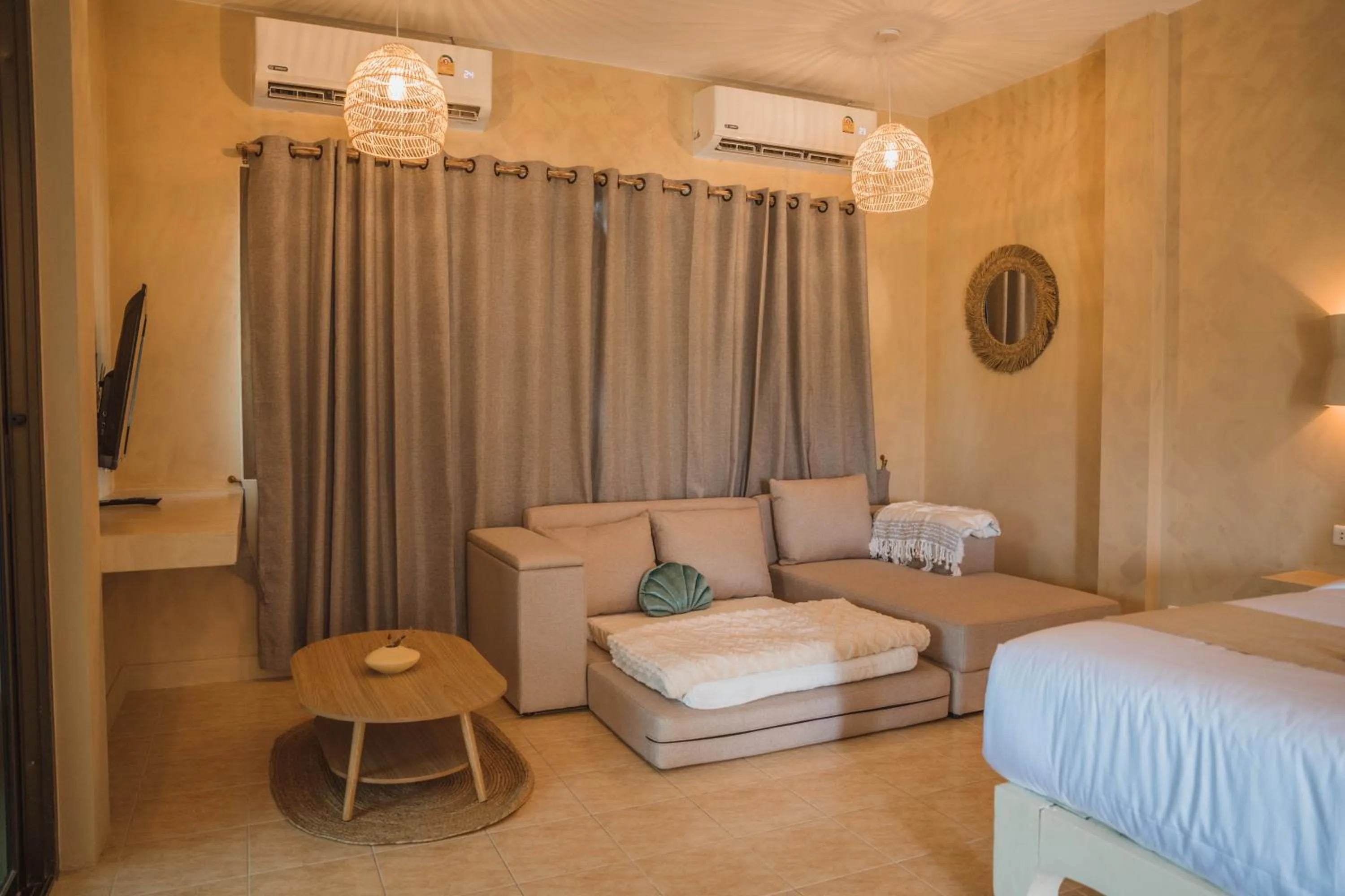 Living room, Bed in Rustic and Blue Getaway