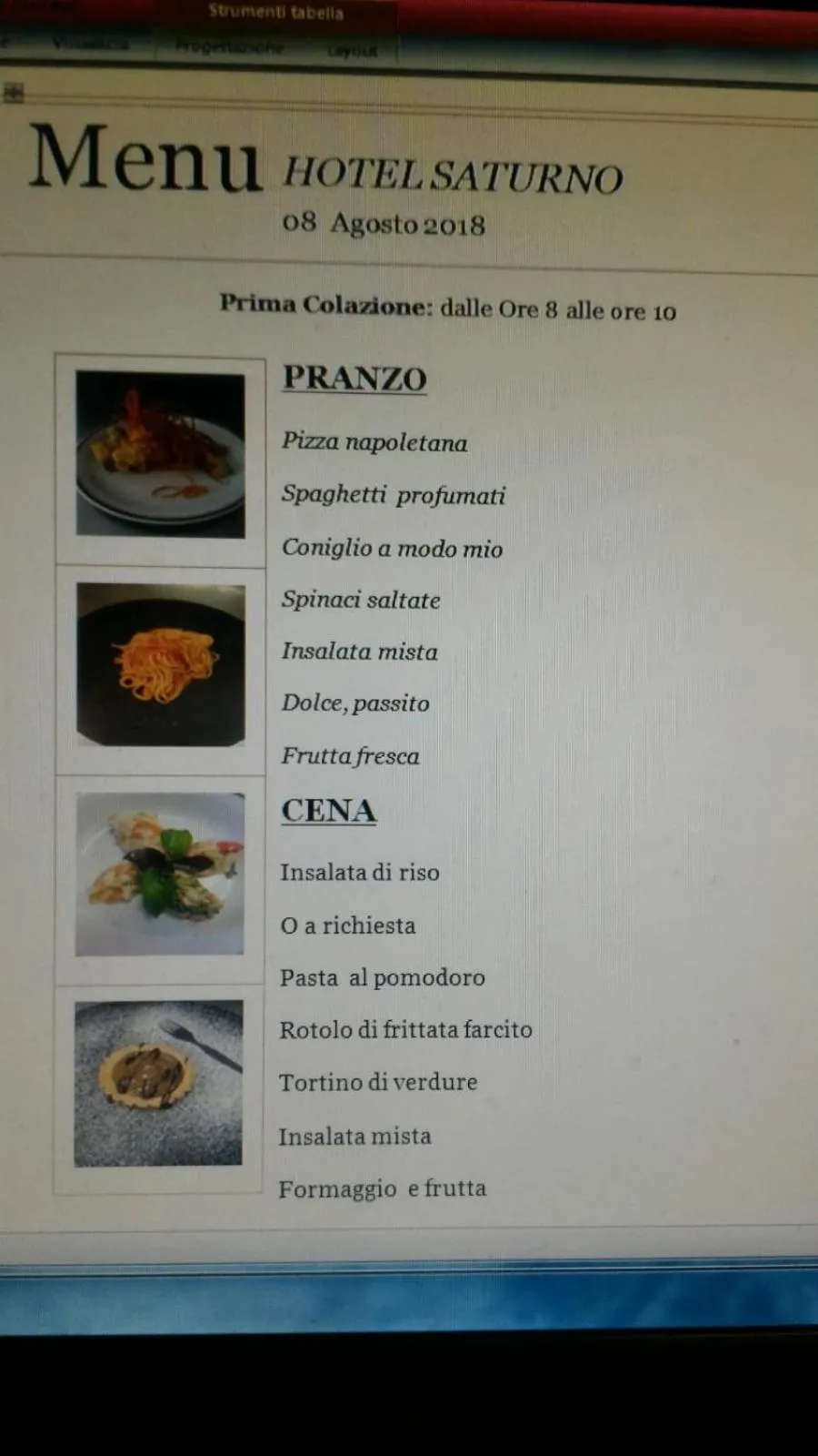 Food and drinks in Hotel Saturno