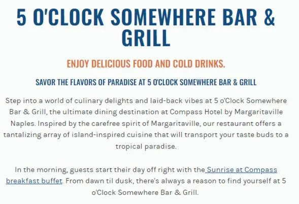 Restaurant/places to eat in Compass by Margaritaville Hotel Naples