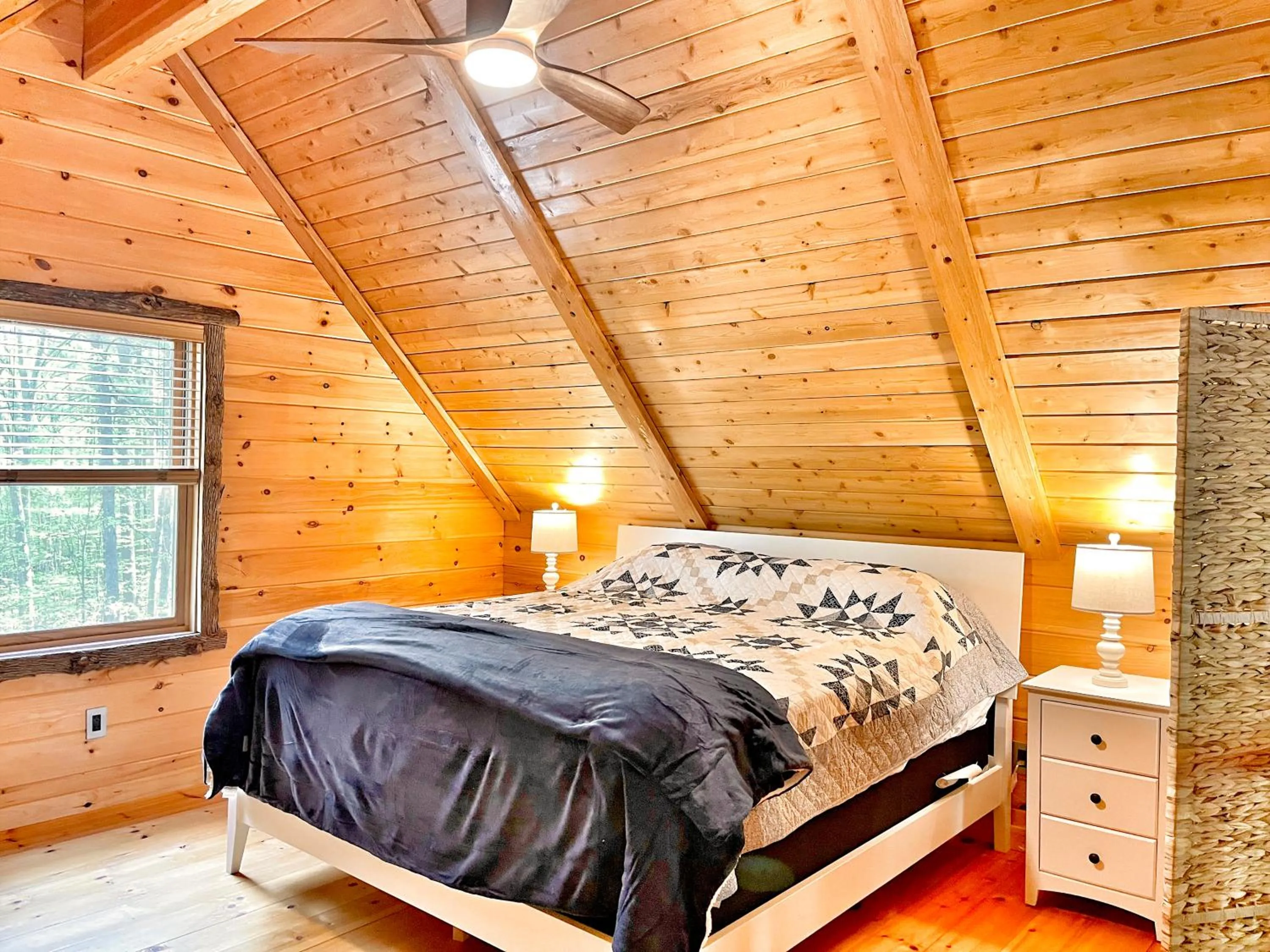 Bed in Adirondack Mountain Cabin with Hot Tub, Near Whiteface, Lake Placid, Fire Pit, Game Rm