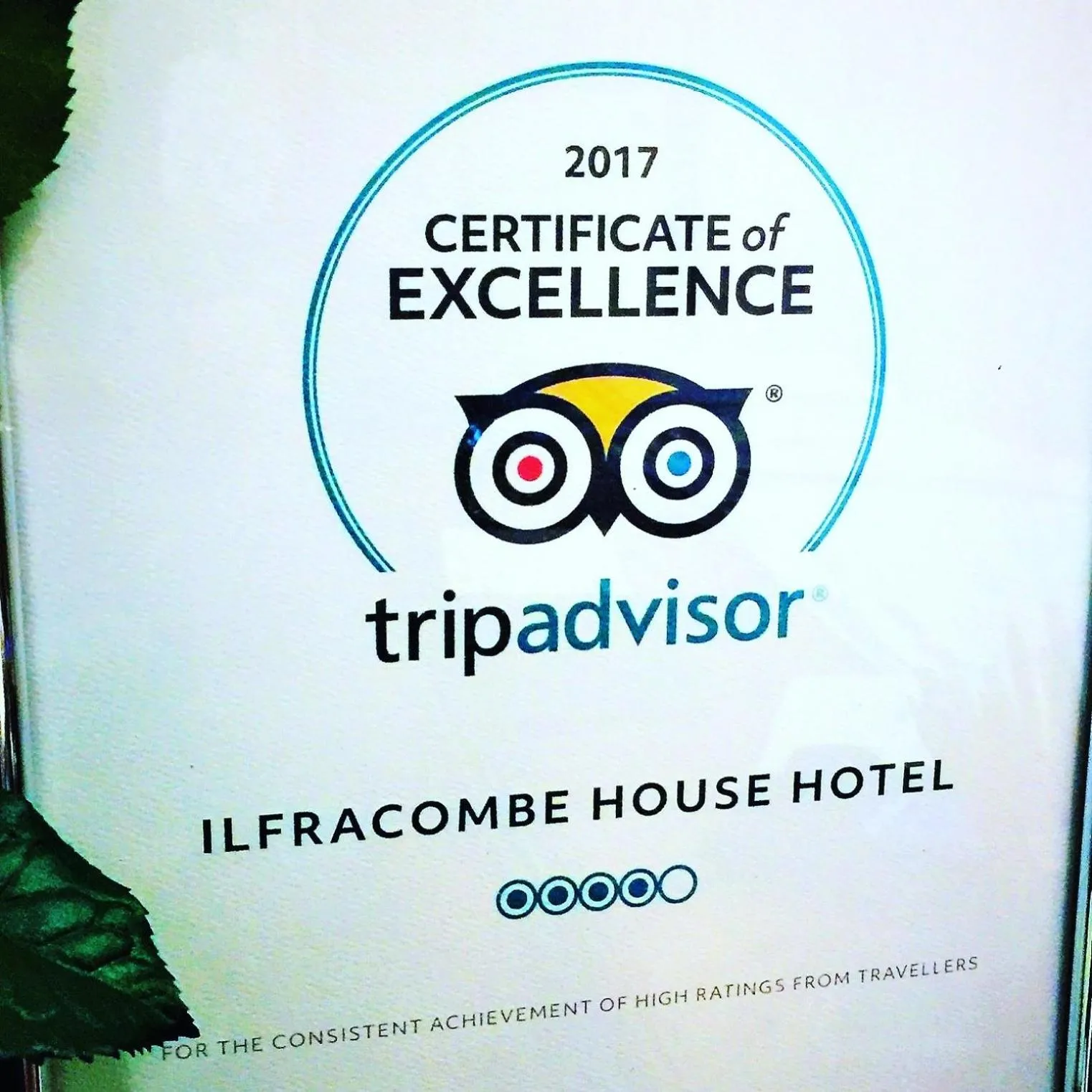 Certificate/Award in Ilfracombe House Hotel - near Cliffs Pavilion