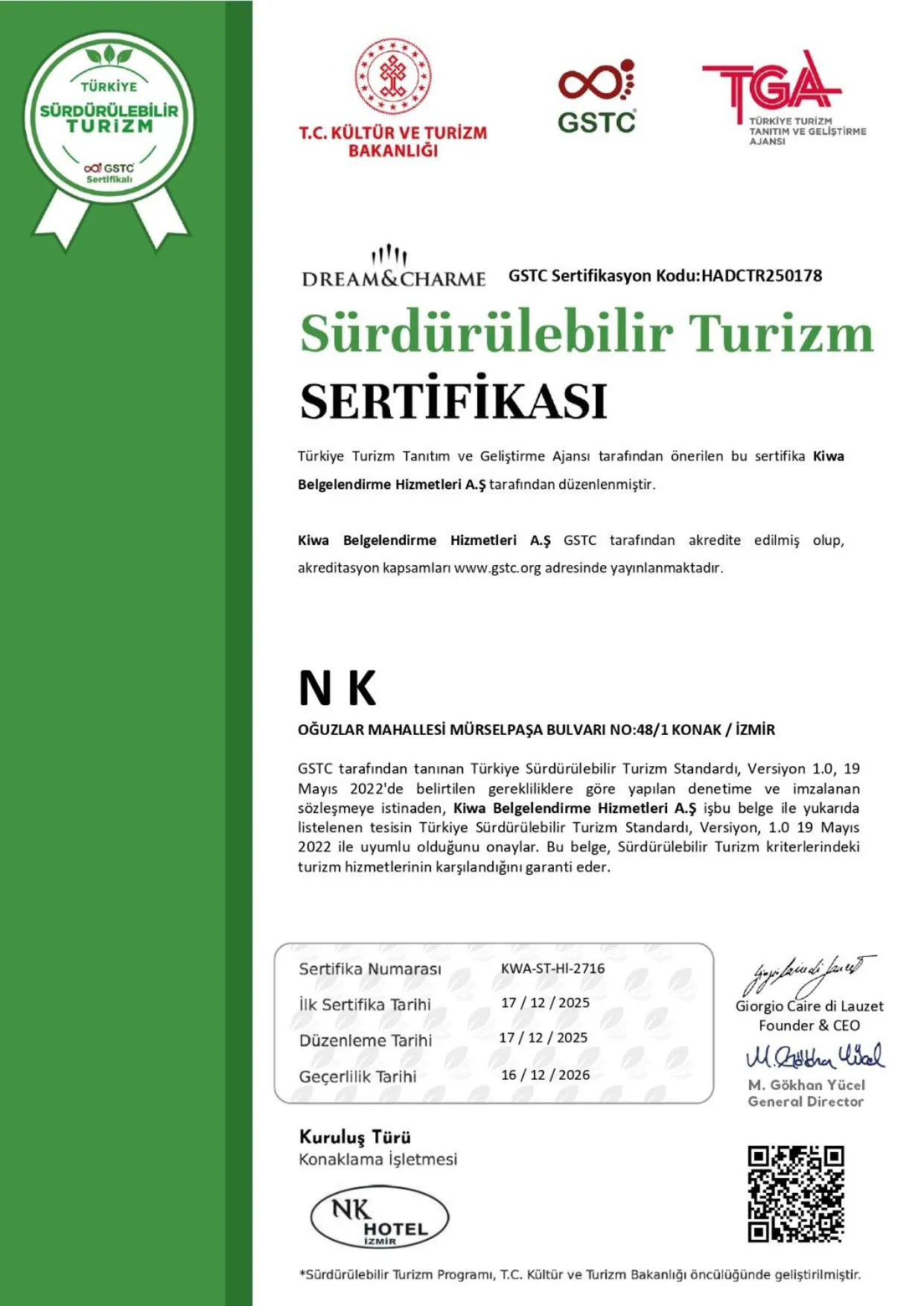 Certificate/Award in NK Hotel