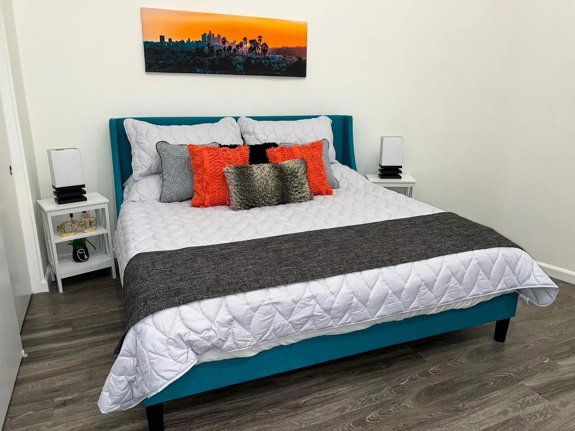 Bed in Downtown Los Angeles Skyline balcony view Modern Penthouse