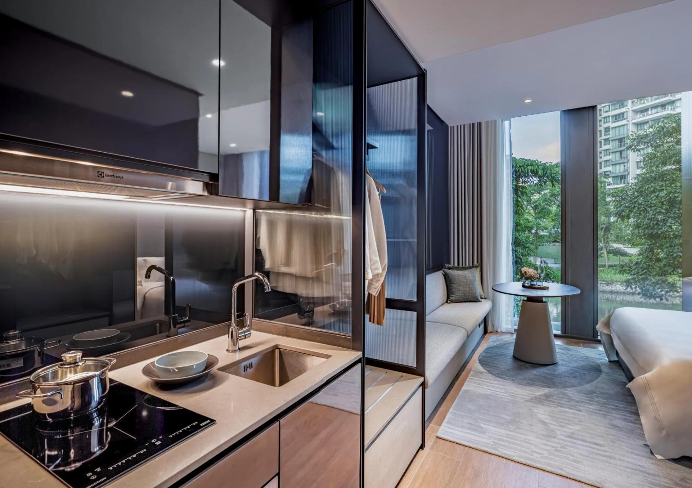 Seating area in Fraser Residence River Promenade, Singapore