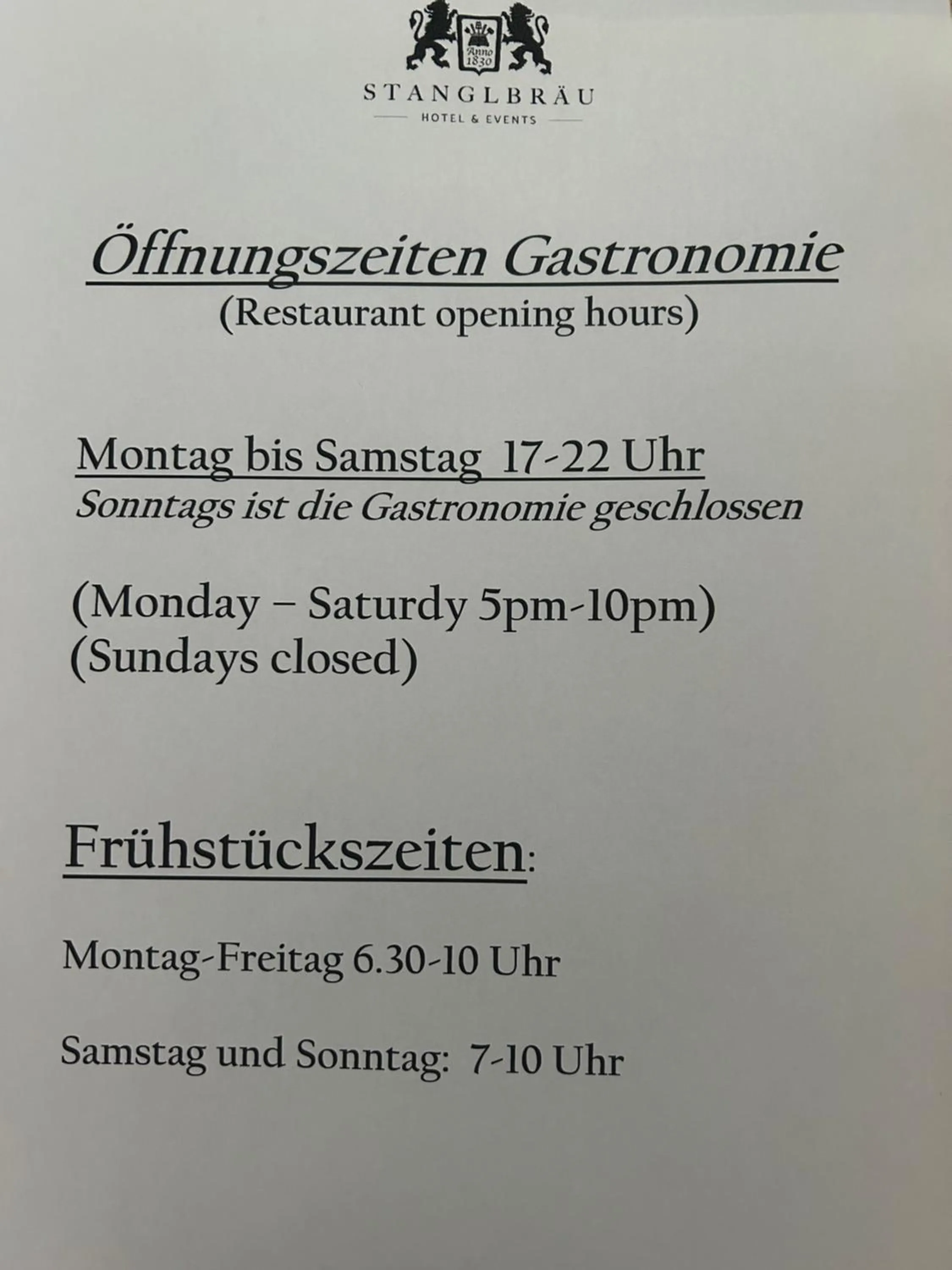 Restaurant/places to eat in Hotel Stanglbräu
