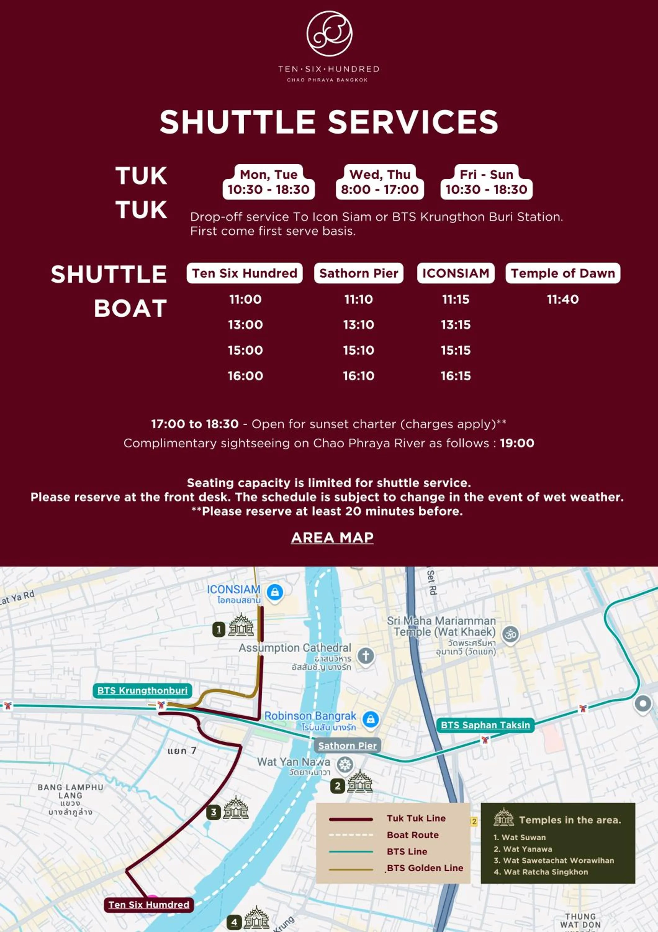 shuttle in Ten Six Hundred, Chao Phraya, Bangkok by Preference, managed by The Ascott Limited