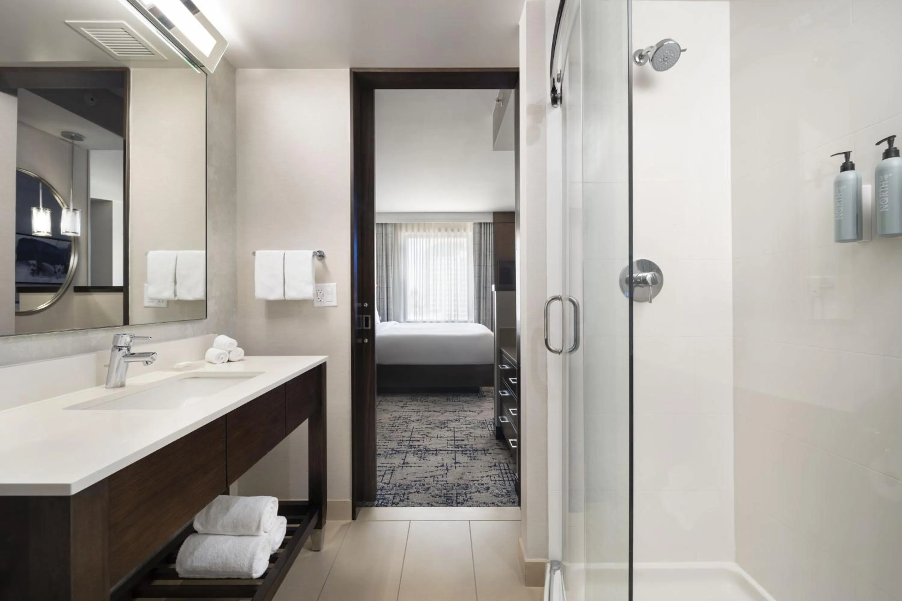 Bathroom, Bed in Residence Inn by Marriott Los Angeles L.A. LIVE