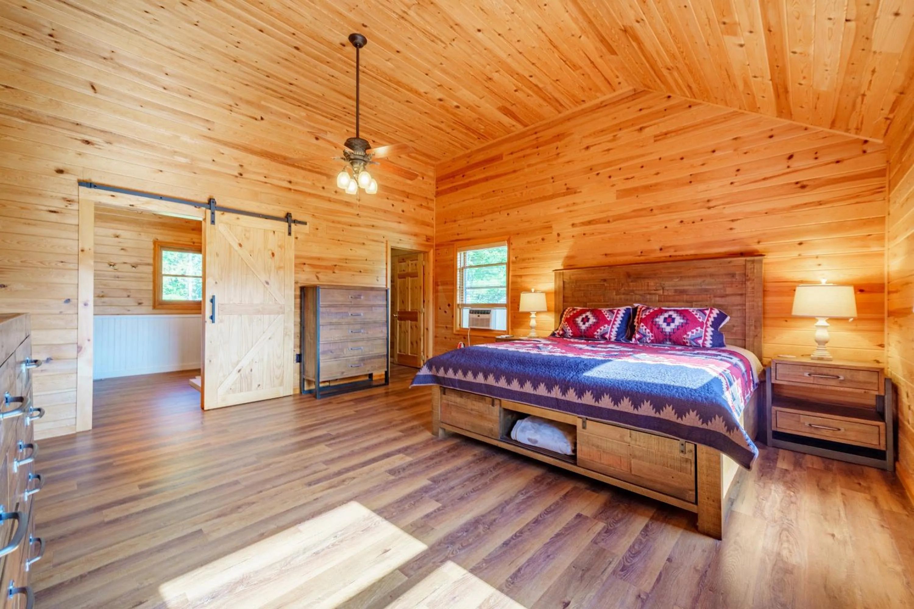 Bathroom, Bed in Adirondack Alpine Cabin with Hot Tub, Near Whiteface, Lake Placid, Game Rm, Fenced Yard, Views