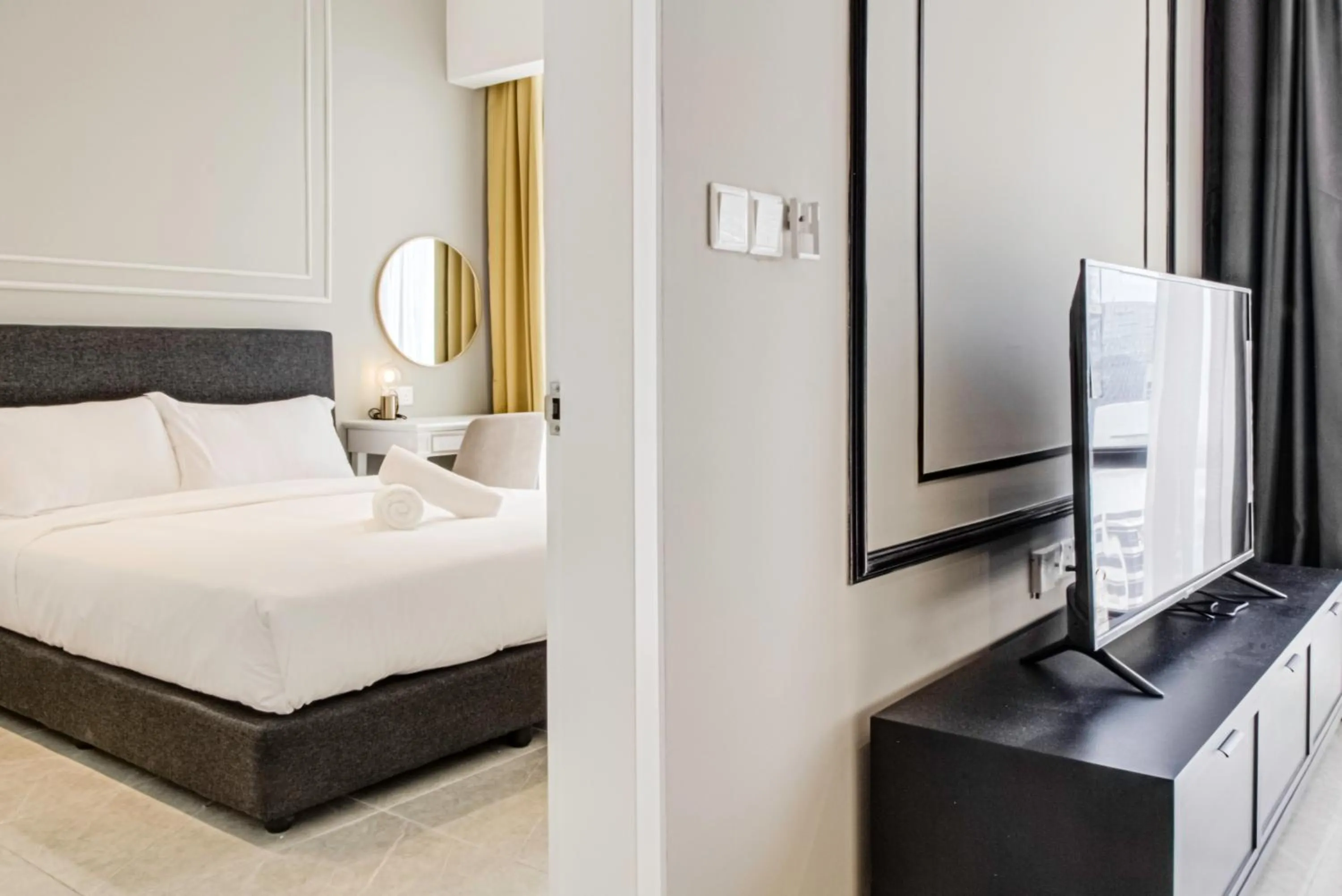 Bedroom, Bed in Axon Residence at Pavilion KLCC KL Tower view by KIMIRO