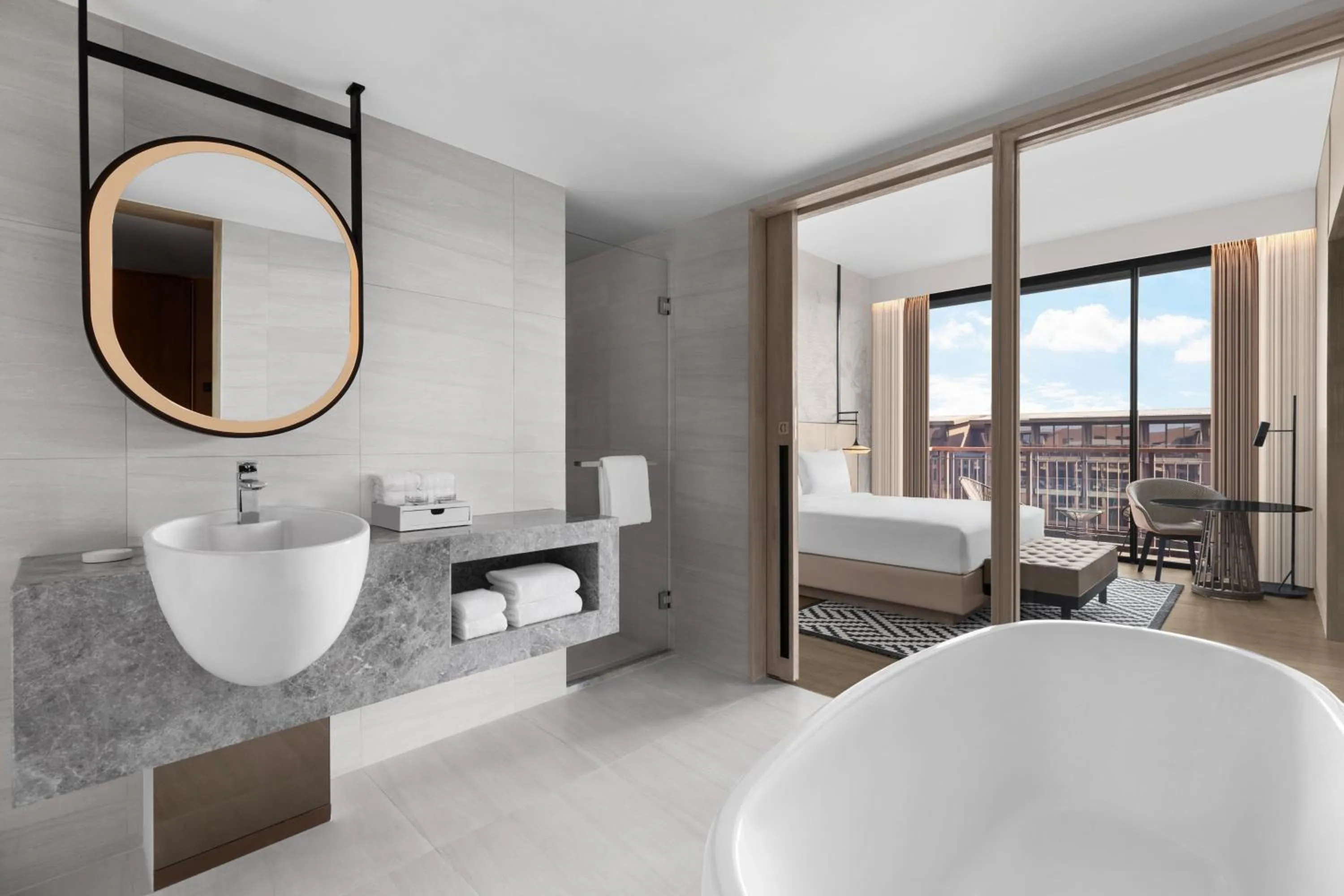 Bathroom, Bed in Courtyard by Marriott Bangkok Suvarnabhumi Airport