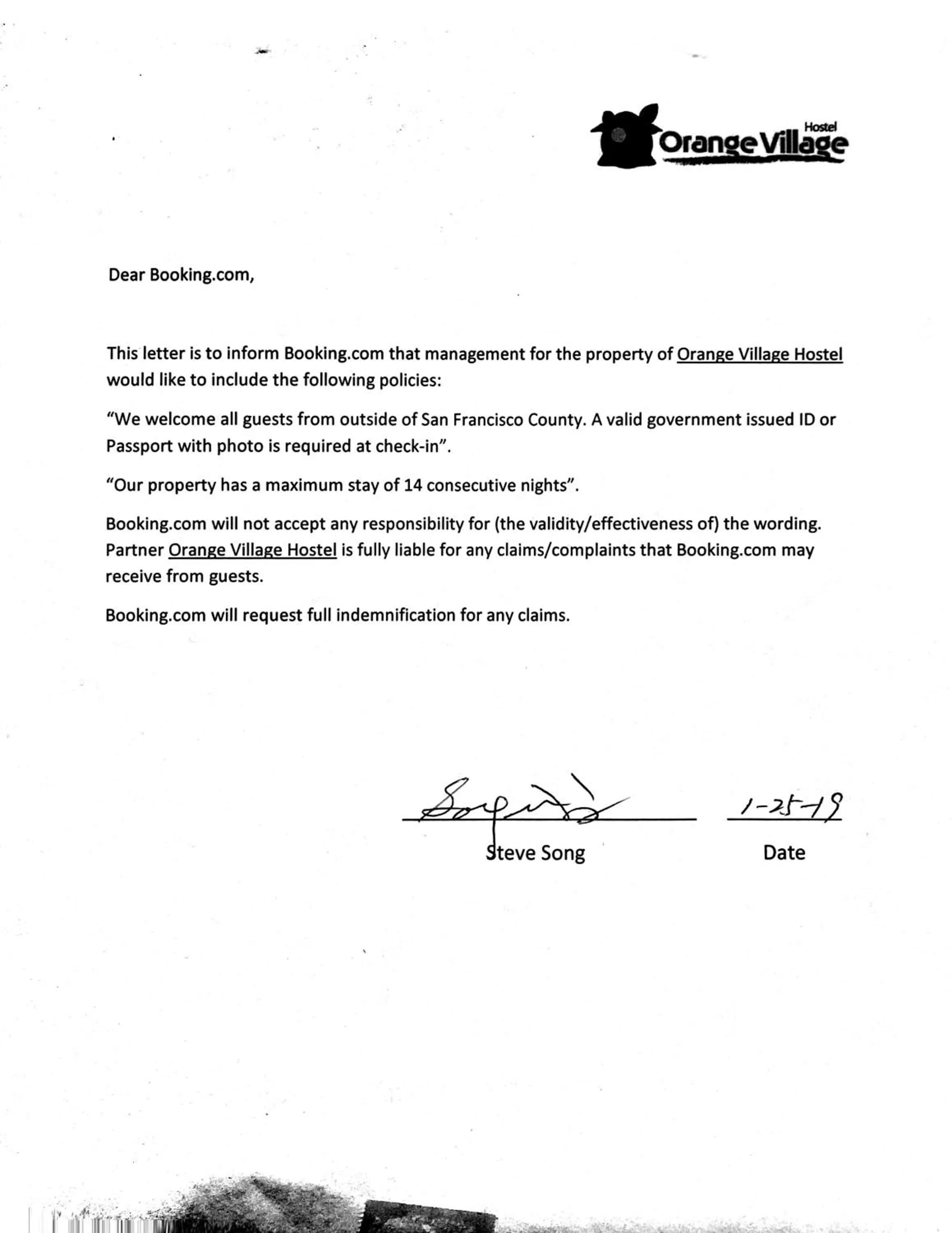 Certificate/Award in Orange Village Hostel