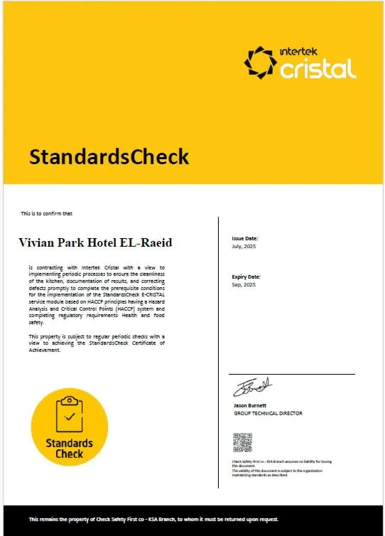 Certificate/Award in Vivian Park El Raeid Hotel