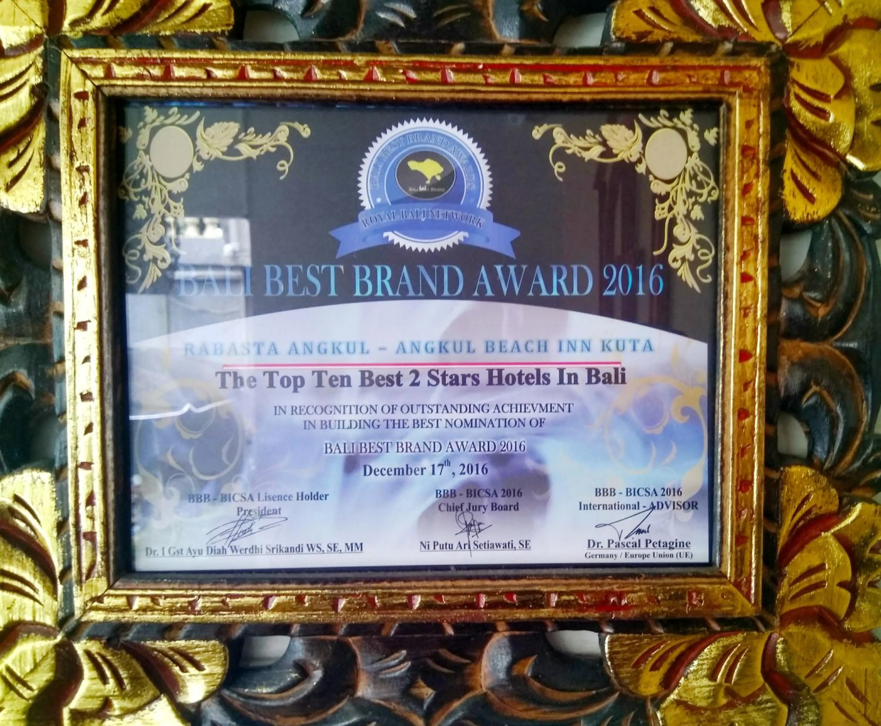 Certificate/Award in Angkul Angkul Beach Inn Kuta by Kamara