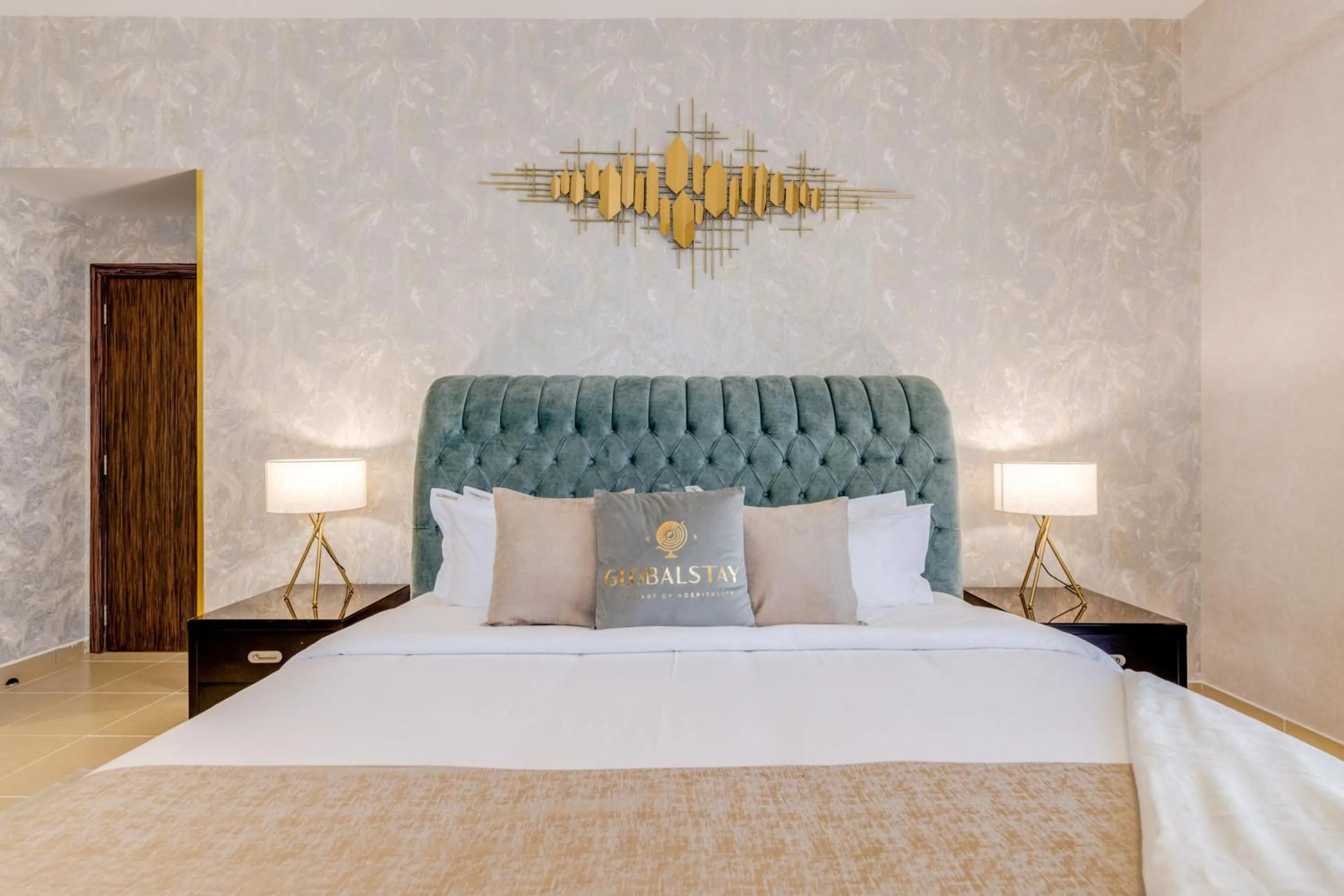 Bed in GLOBALSTAY. Modern Apartments steps to JBR Beach