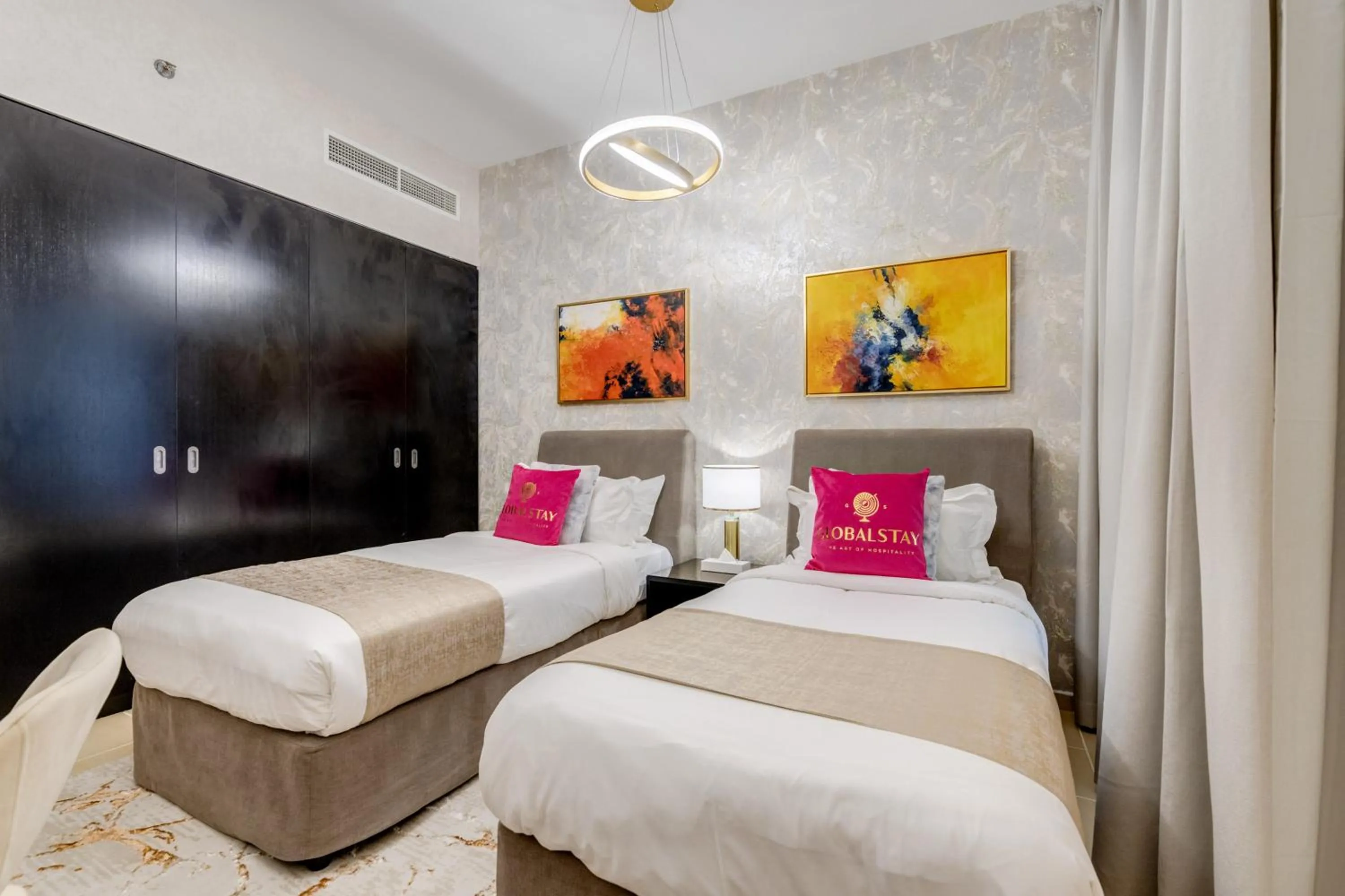 Bed in GLOBALSTAY. Modern Apartments steps to JBR Beach