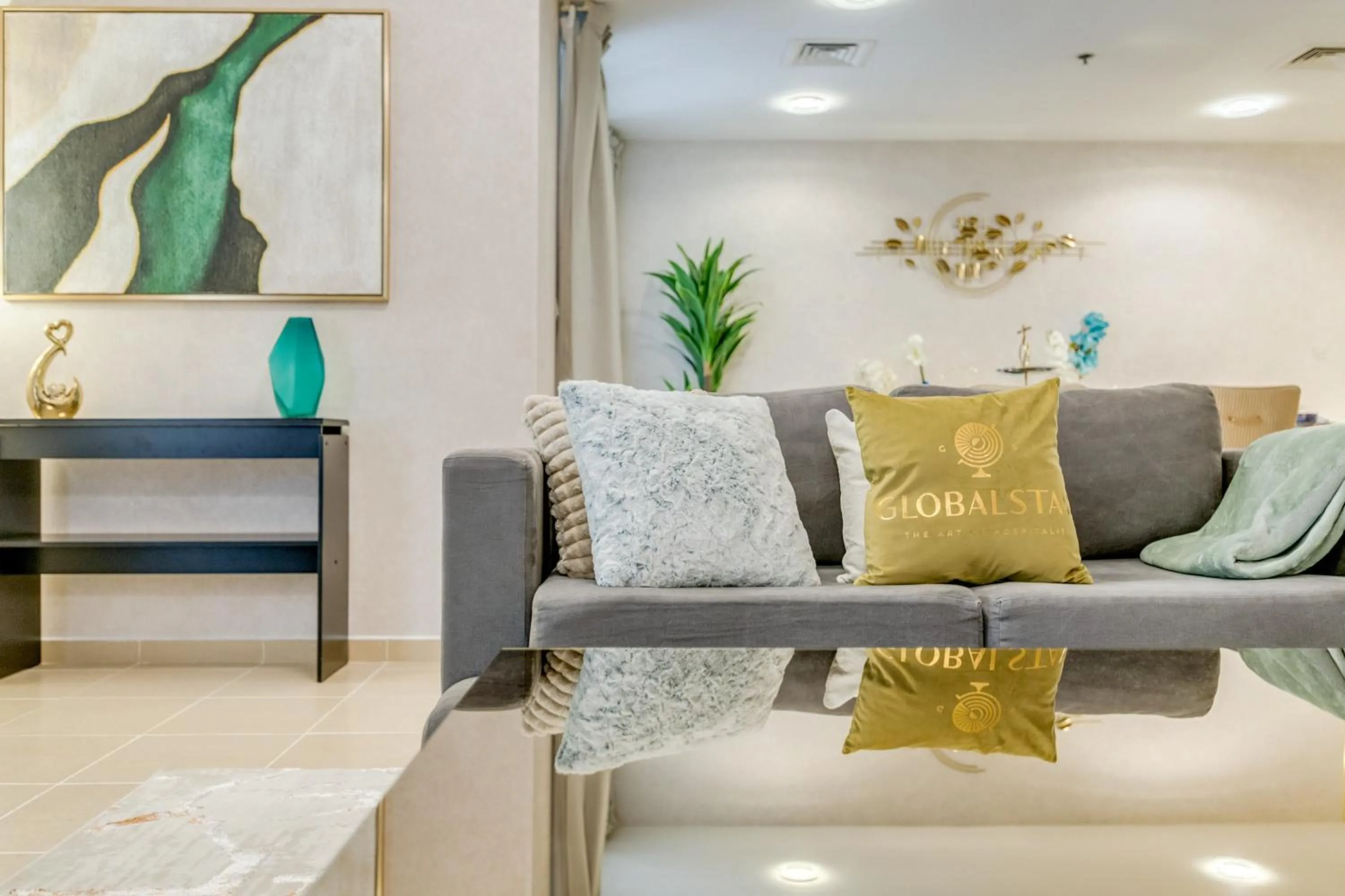 Living room in GLOBALSTAY. Modern Apartments steps to JBR Beach