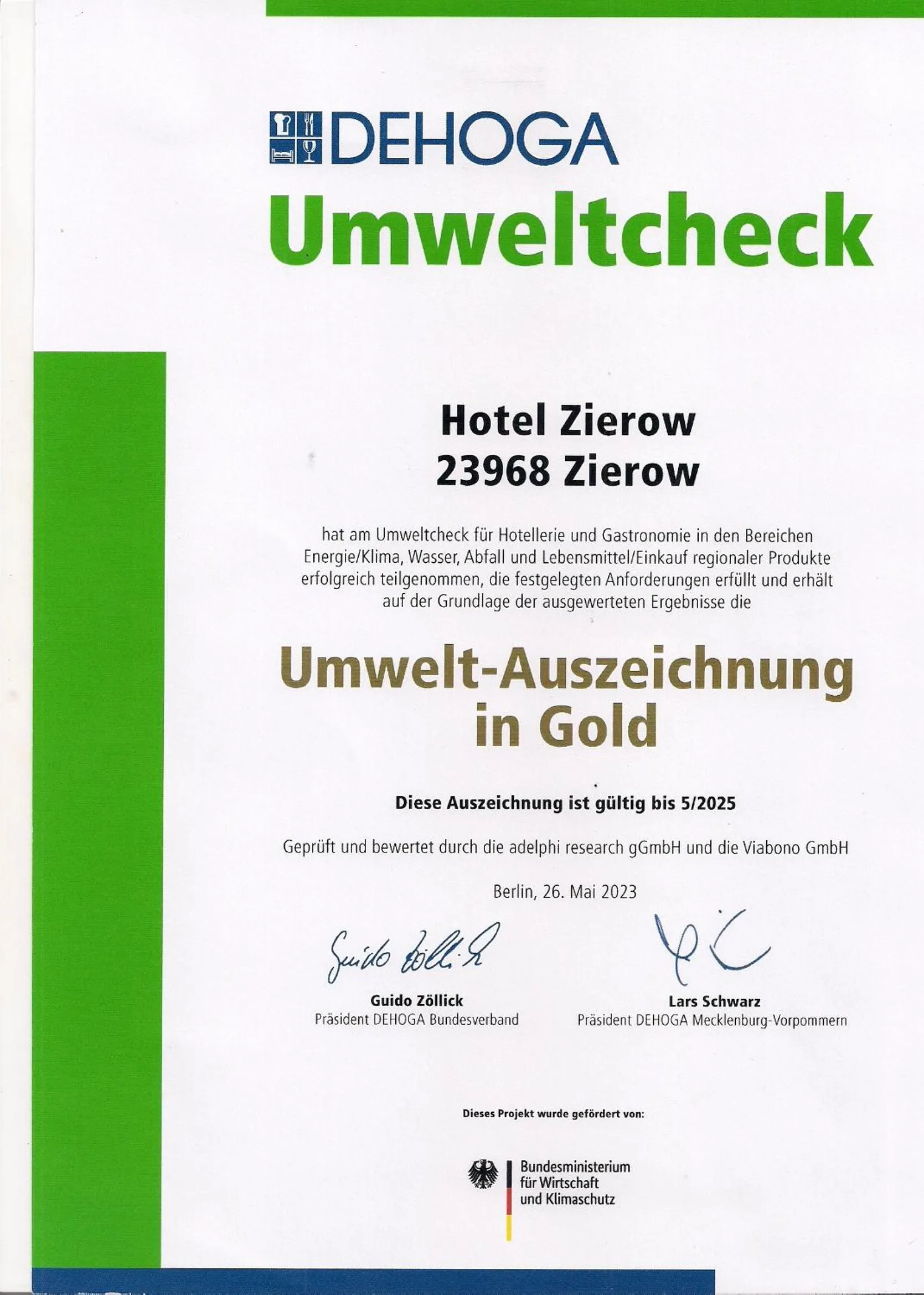 Certificate/Award in Hotel Zierow - Urlaub an der Ostsee