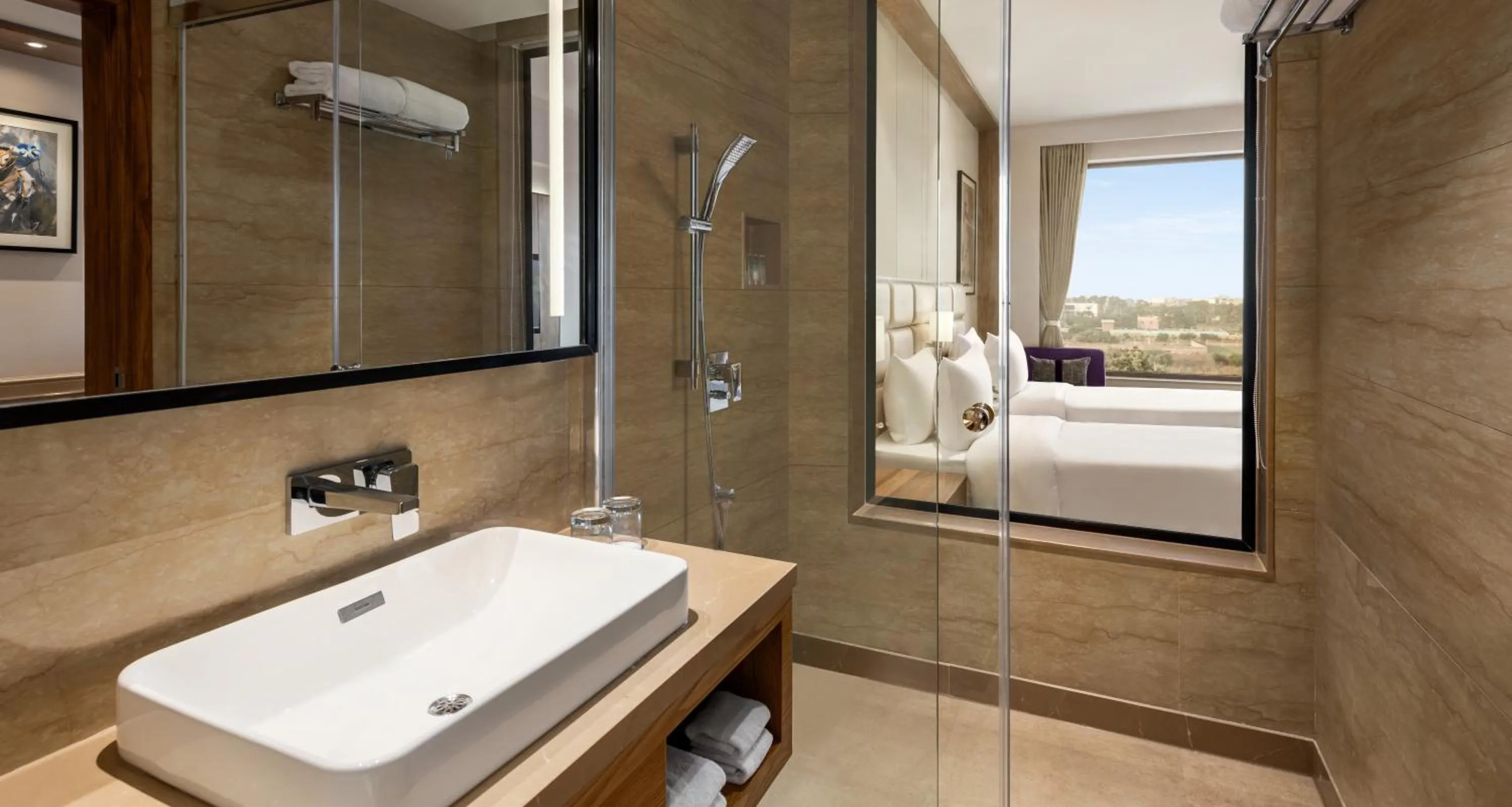 Bathroom, Bed in Ramada Encore by Wyndham Amritsar Airport