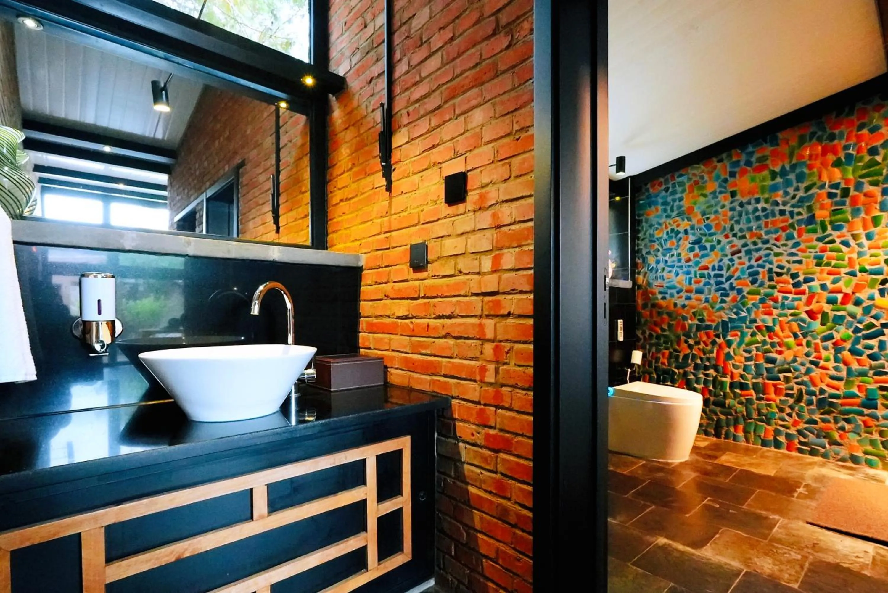 Toilet in Brickyard Retreat at Mutianyu Great Wall Adjoin to Mutianyu Great Wall - Room with the View of Great Wall - Jacuzzi with the View of Great Wall - Vehicle Shuttle Service - International Catering - SPA& Nail Beauty Facilities