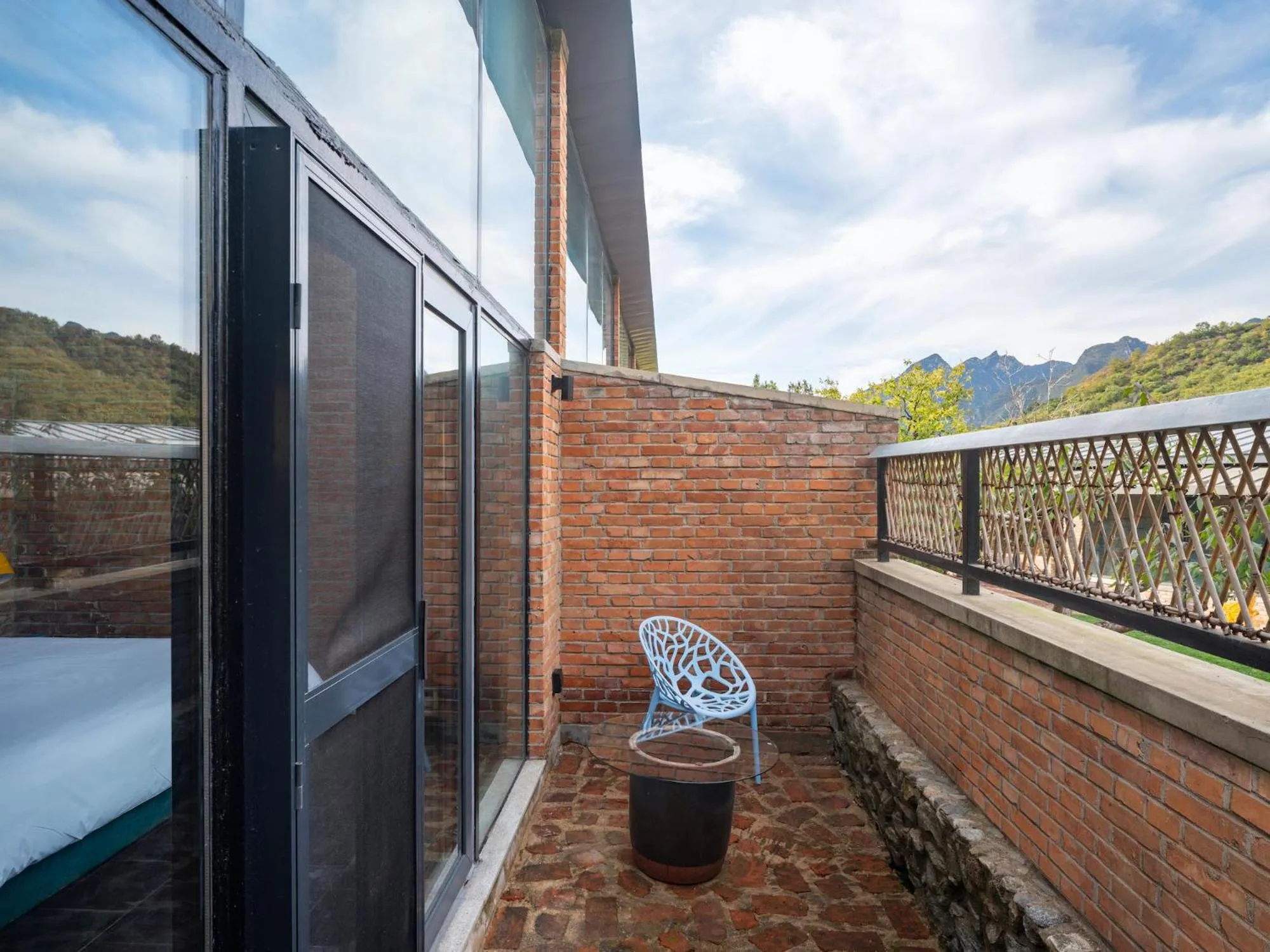 Balcony/Terrace in Brickyard Retreat at Mutianyu Great Wall Adjoin to Mutianyu Great Wall - Room with the View of Great Wall - Jacuzzi with the View of Great Wall - Vehicle Shuttle Service - International Catering - SPA& Nail Beauty Facilities