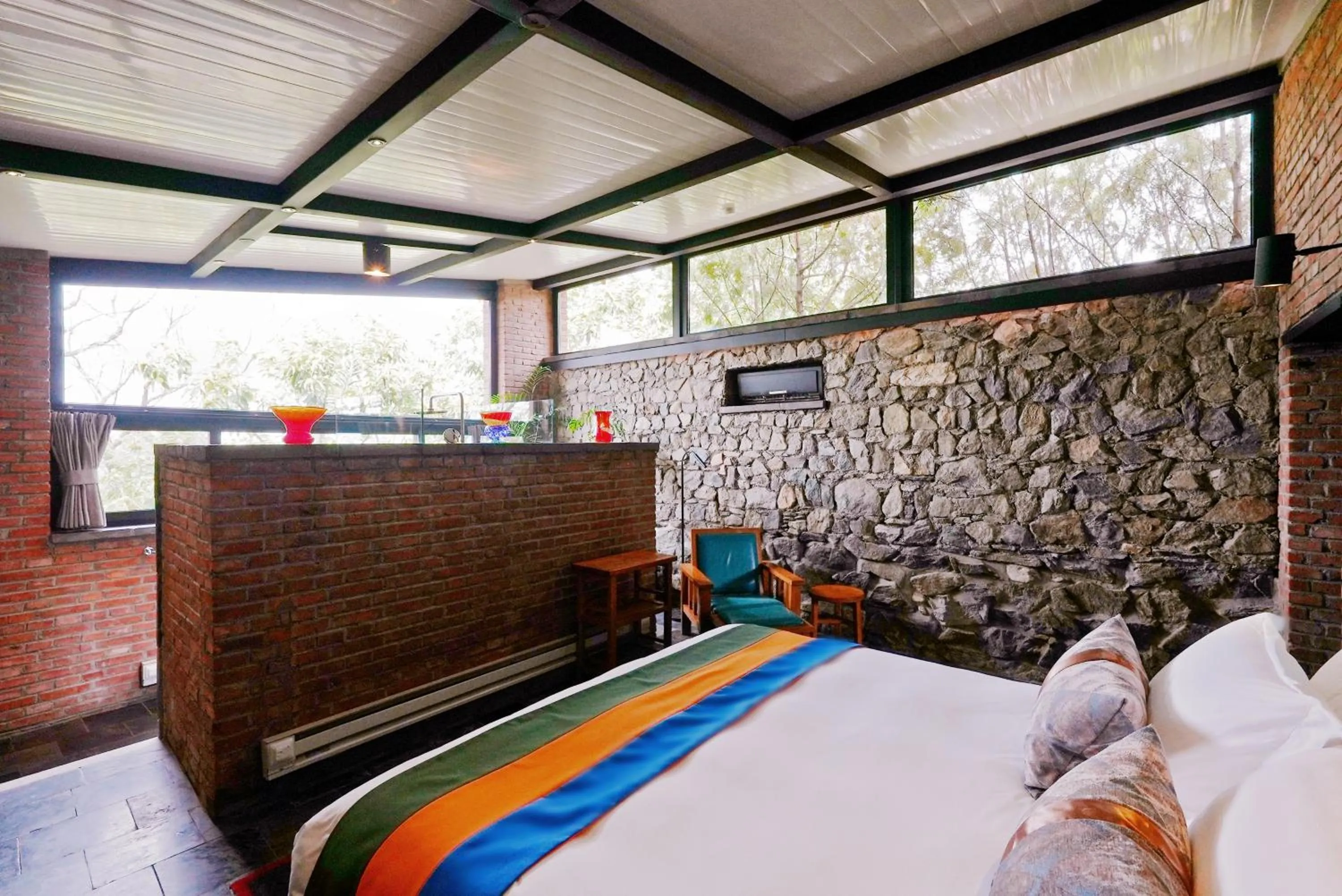 Bedroom, Bed in Brickyard Retreat at Mutianyu Great Wall Adjoin to Mutianyu Great Wall - Room with the View of Great Wall - Jacuzzi with the View of Great Wall - Vehicle Shuttle Service - International Catering - SPA& Nail Beauty Facilities