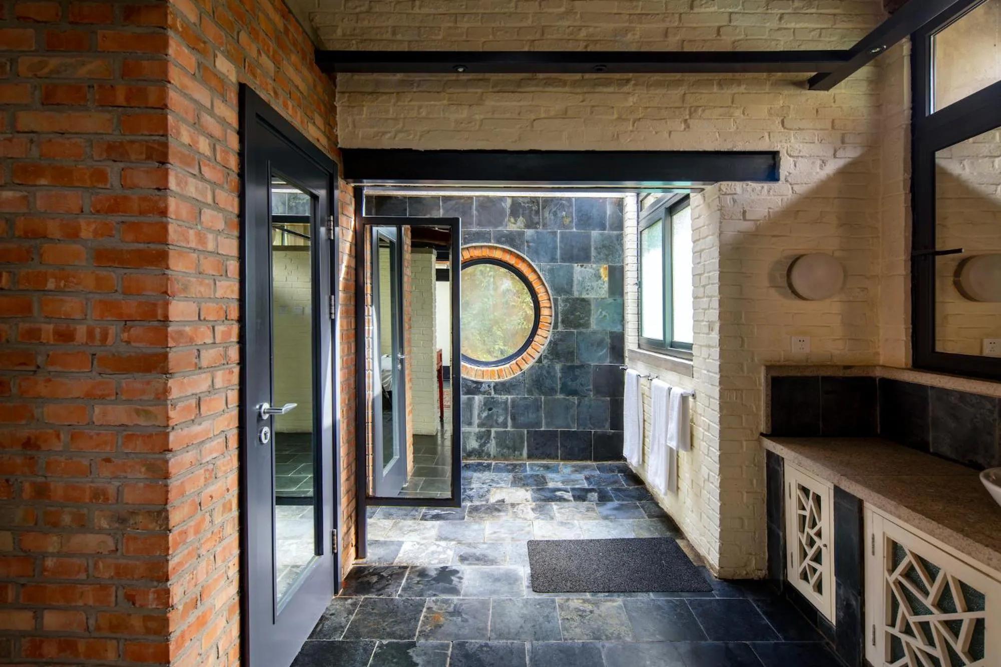 Bathroom in Brickyard Retreat at Mutianyu Great Wall Adjoin to Mutianyu Great Wall - Room with the View of Great Wall - Jacuzzi with the View of Great Wall - Vehicle Shuttle Service - International Catering - SPA& Nail Beauty Facilities