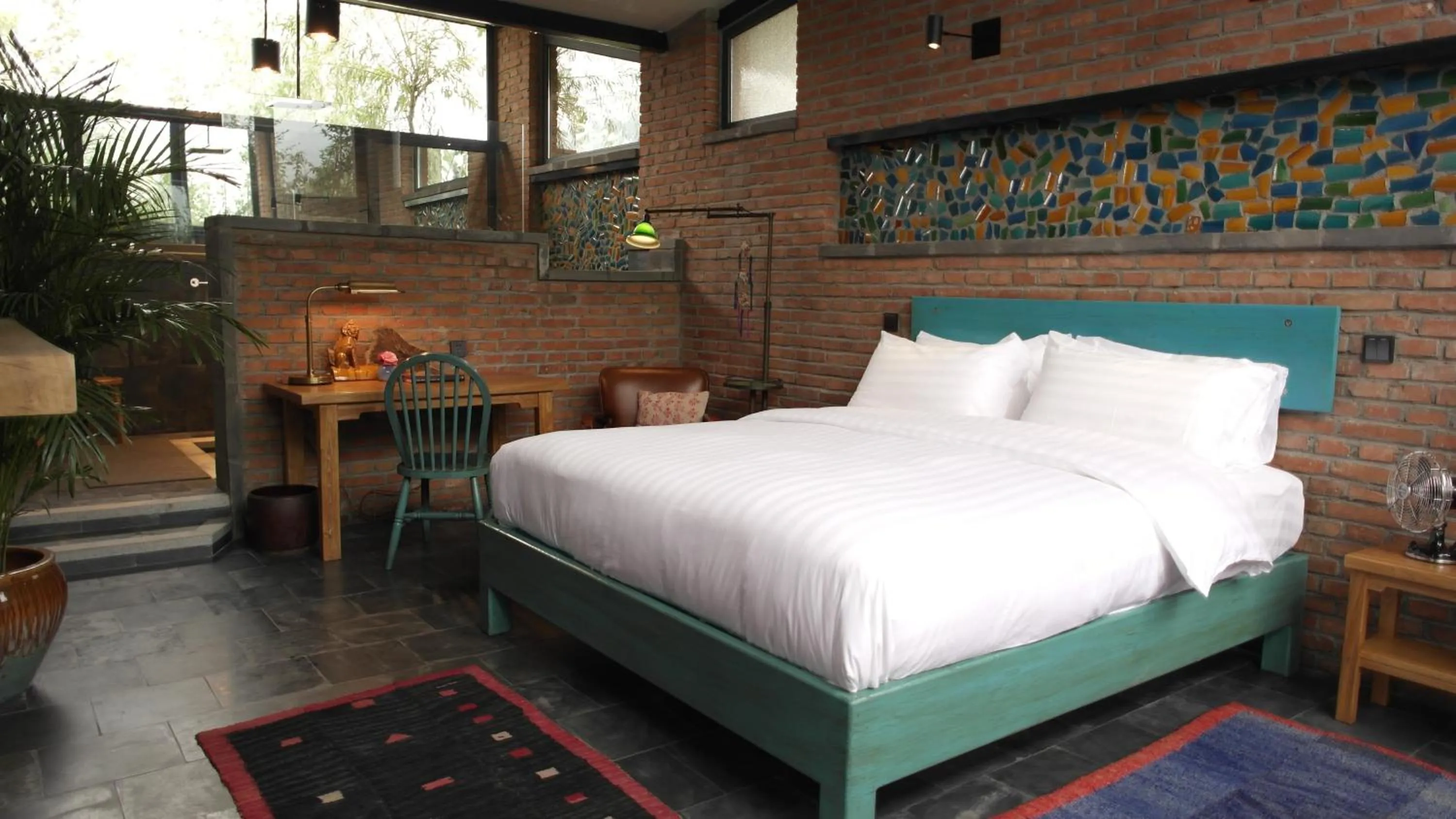 Bedroom, Bed in Brickyard Retreat at Mutianyu Great Wall Adjoin to Mutianyu Great Wall - Room with the View of Great Wall - Jacuzzi with the View of Great Wall - Vehicle Shuttle Service - International Catering - SPA& Nail Beauty Facilities