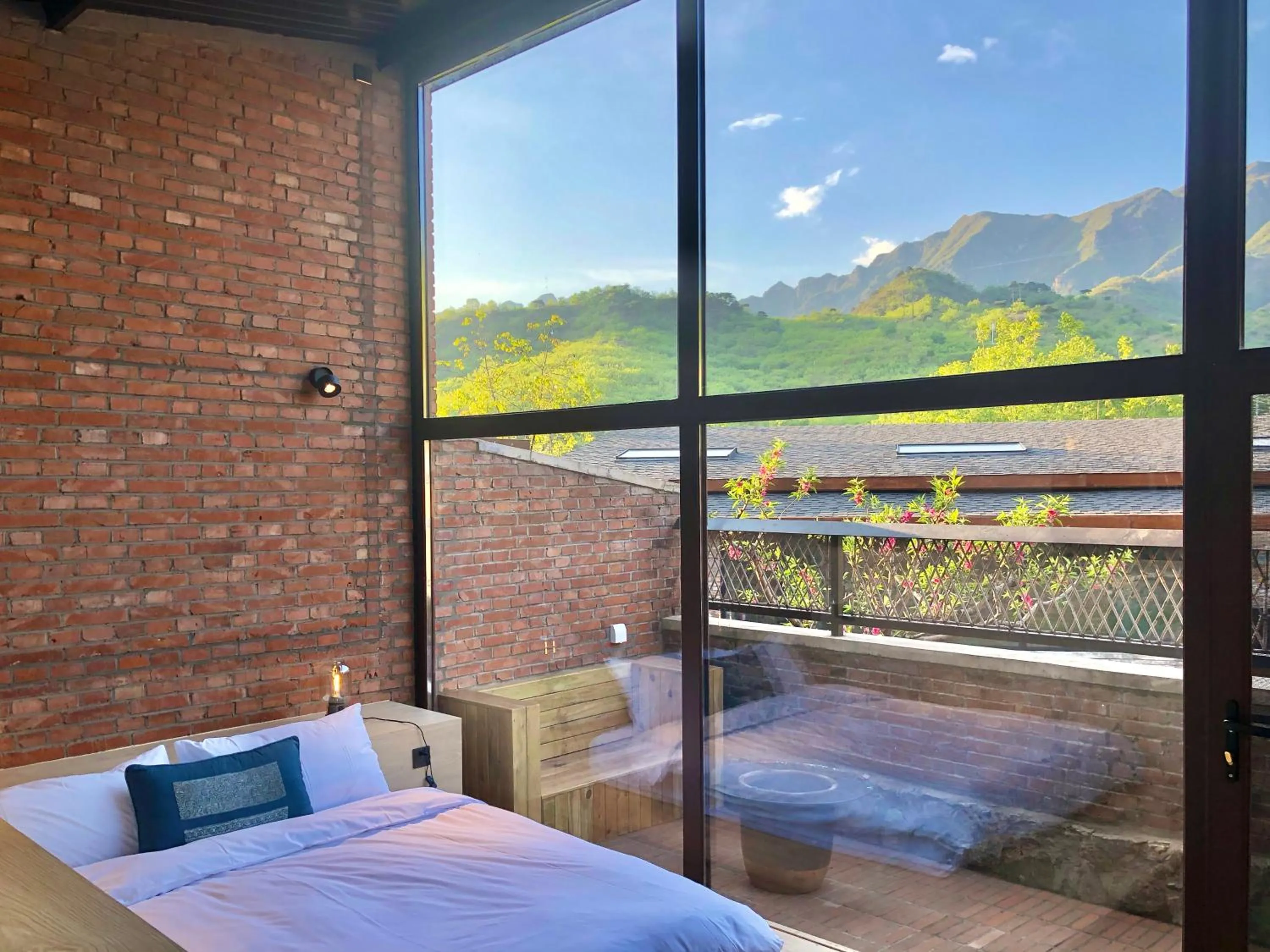 View (from property/room), Bed in Brickyard Retreat at Mutianyu Great Wall Adjoin to Mutianyu Great Wall - Room with the View of Great Wall - Jacuzzi with the View of Great Wall - Vehicle Shuttle Service - International Catering - SPA& Nail Beauty Facilities
