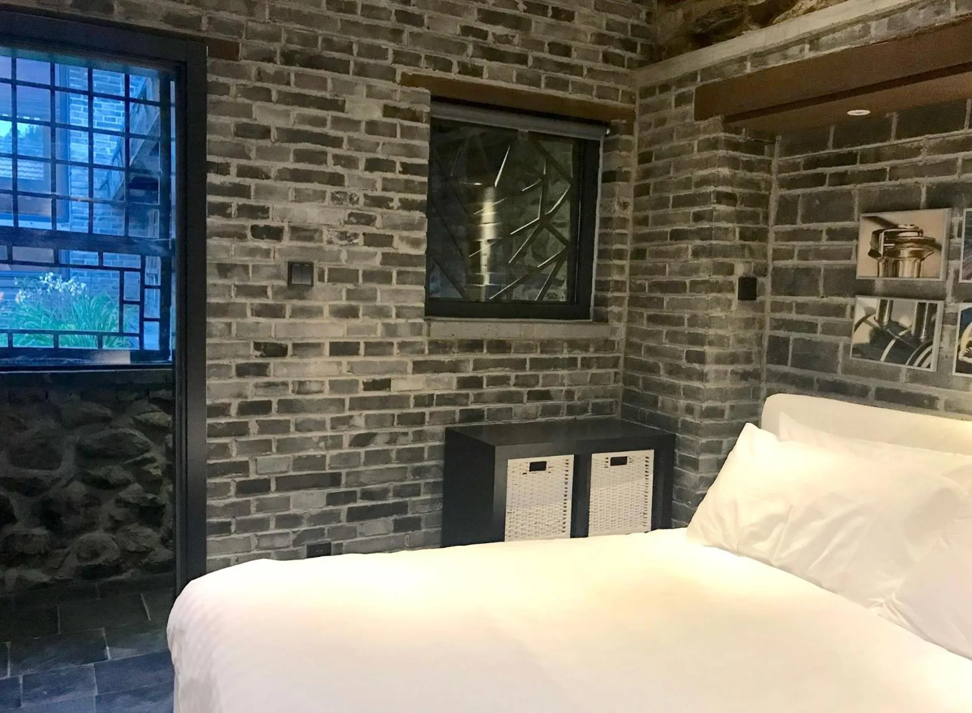 Bedroom, Bed in Brickyard Retreat at Mutianyu Great Wall Adjoin to Mutianyu Great Wall - Room with the View of Great Wall - Jacuzzi with the View of Great Wall - Vehicle Shuttle Service - International Catering - SPA& Nail Beauty Facilities