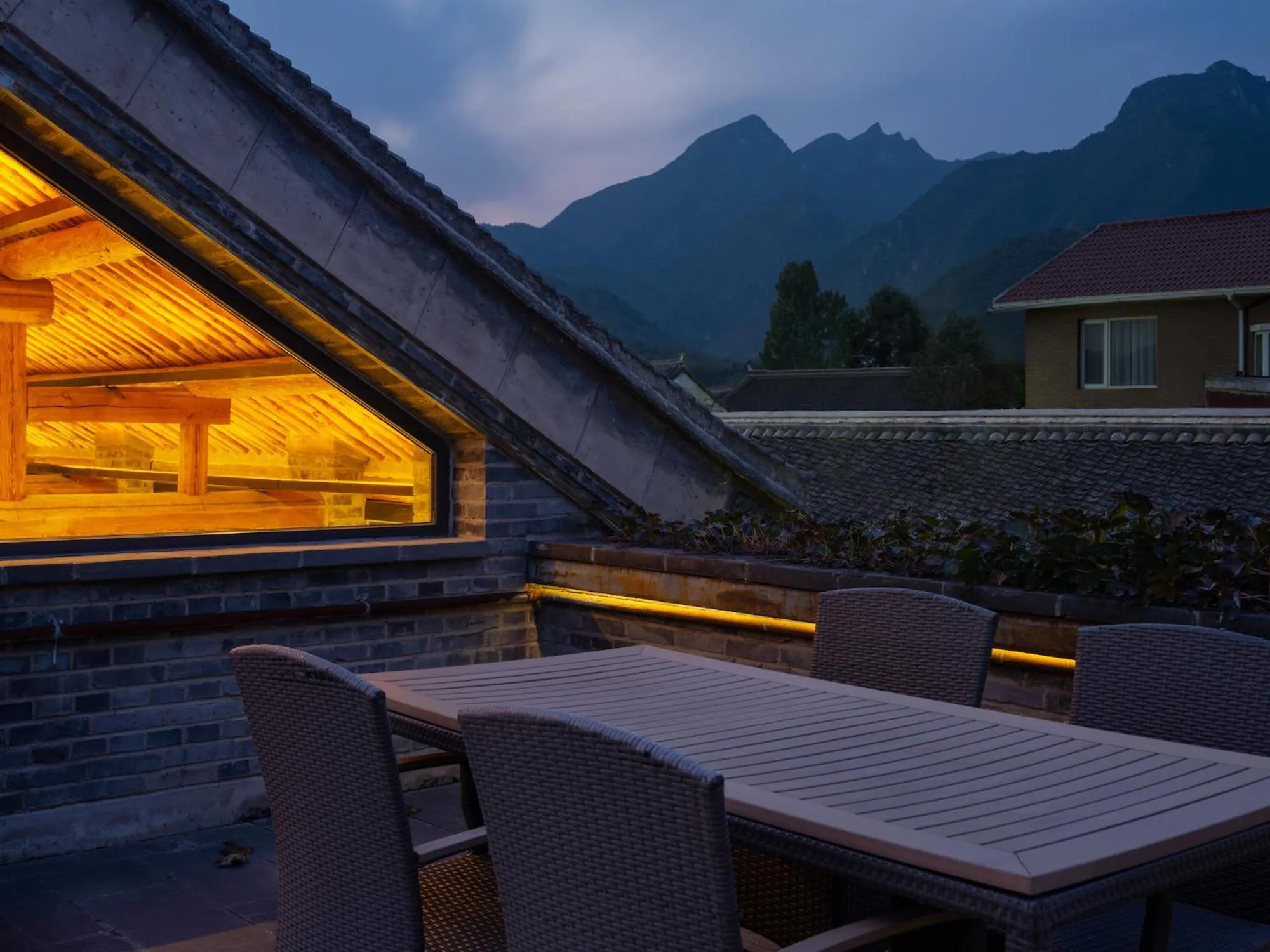 Balcony/Terrace in Brickyard Retreat at Mutianyu Great Wall Adjoin to Mutianyu Great Wall - Room with the View of Great Wall - Jacuzzi with the View of Great Wall - Vehicle Shuttle Service - International Catering - SPA& Nail Beauty Facilities