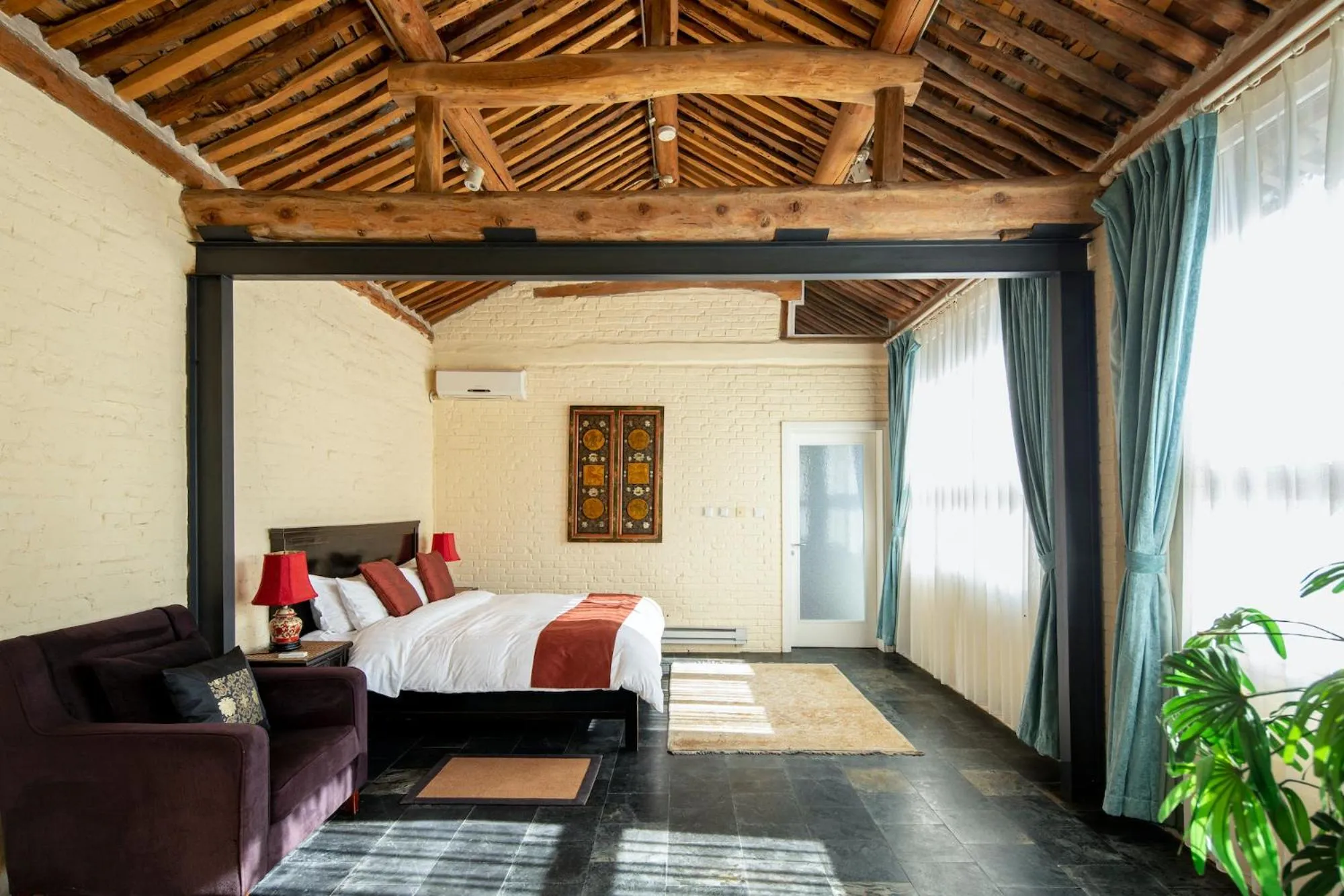 Bedroom, Bed in Brickyard Retreat at Mutianyu Great Wall Adjoin to Mutianyu Great Wall - Room with the View of Great Wall - Jacuzzi with the View of Great Wall - Vehicle Shuttle Service - International Catering - SPA& Nail Beauty Facilities