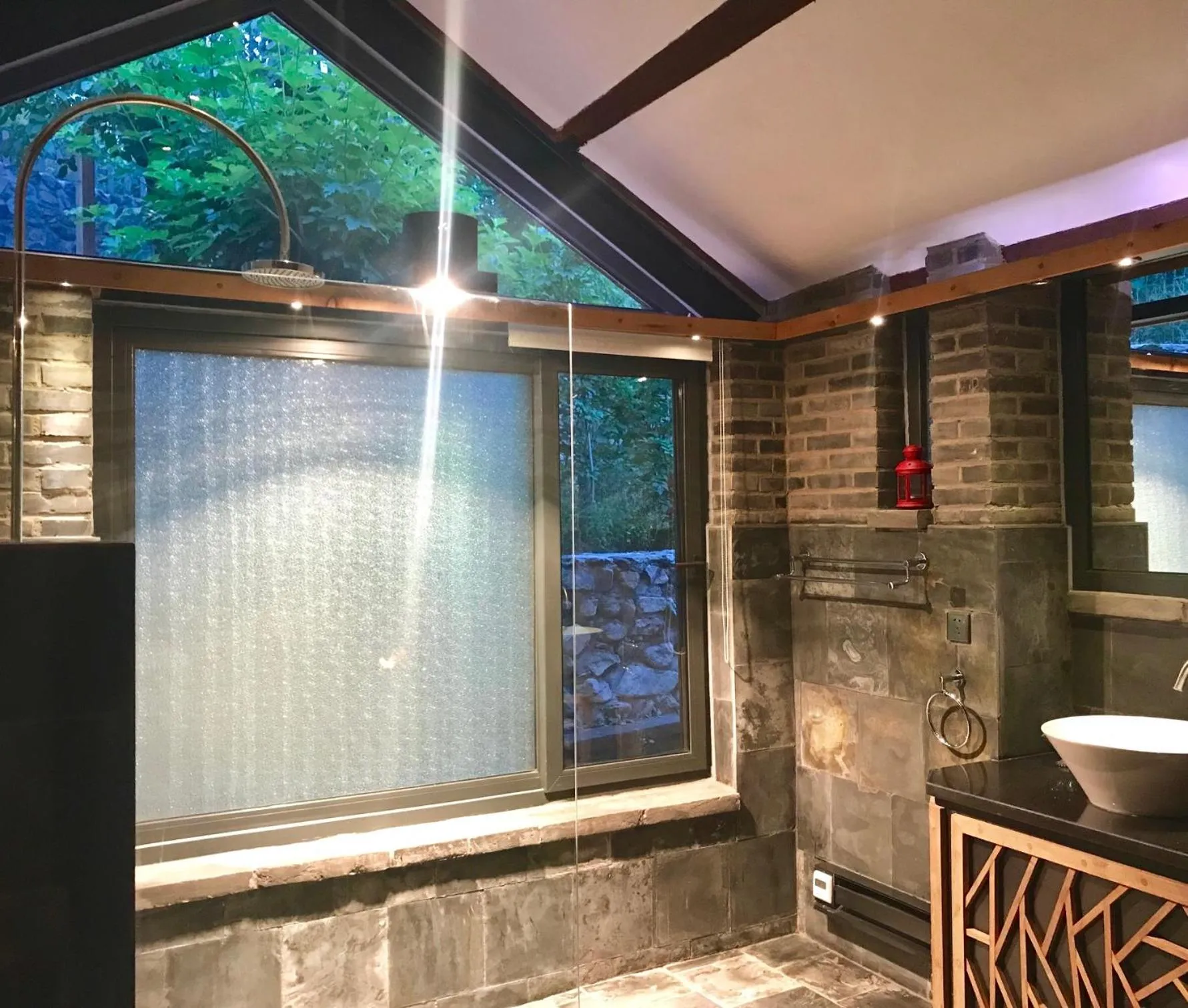 Shower in Brickyard Retreat at Mutianyu Great Wall Adjoin to Mutianyu Great Wall - Room with the View of Great Wall - Jacuzzi with the View of Great Wall - Vehicle Shuttle Service - International Catering - SPA& Nail Beauty Facilities