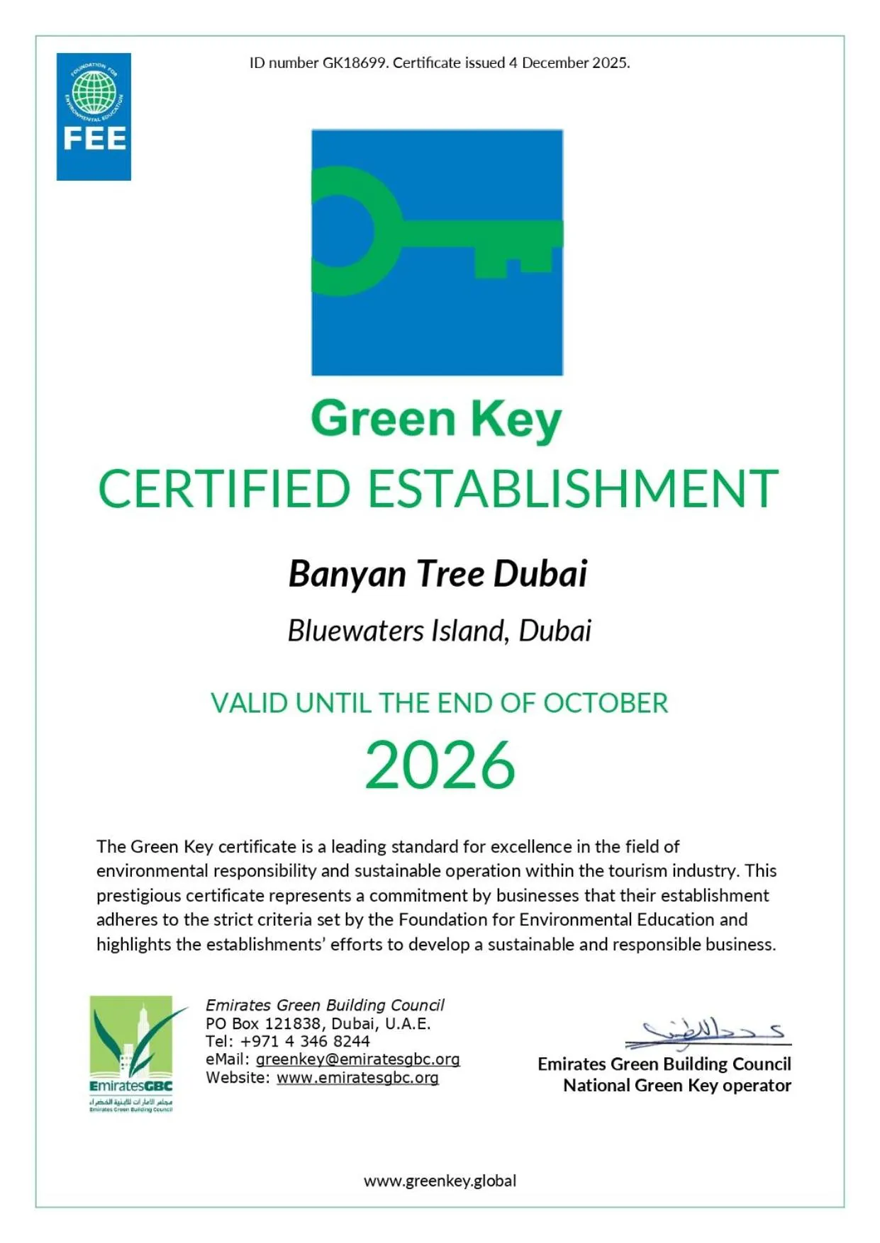 Certificate/Award in Banyan Tree Dubai at Bluewaters
