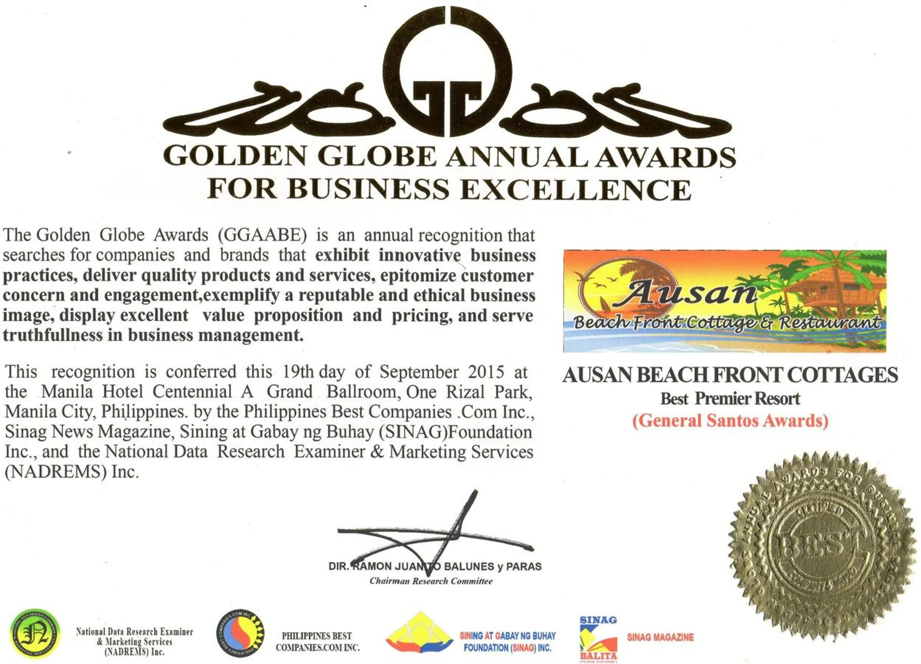 Certificate/Award in Ausan Beach Front Cottages