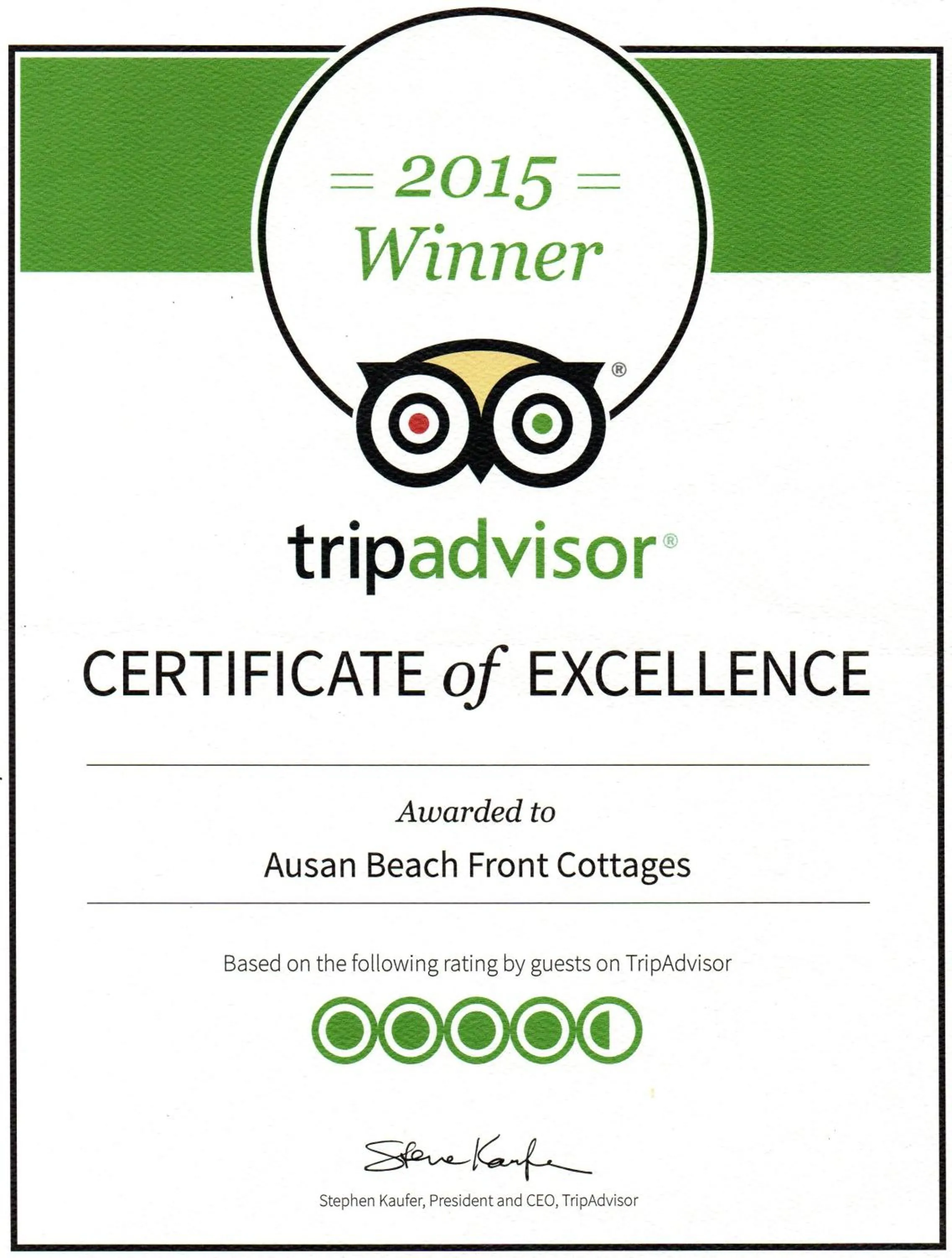 Certificate/Award in Ausan Beach Front Cottages