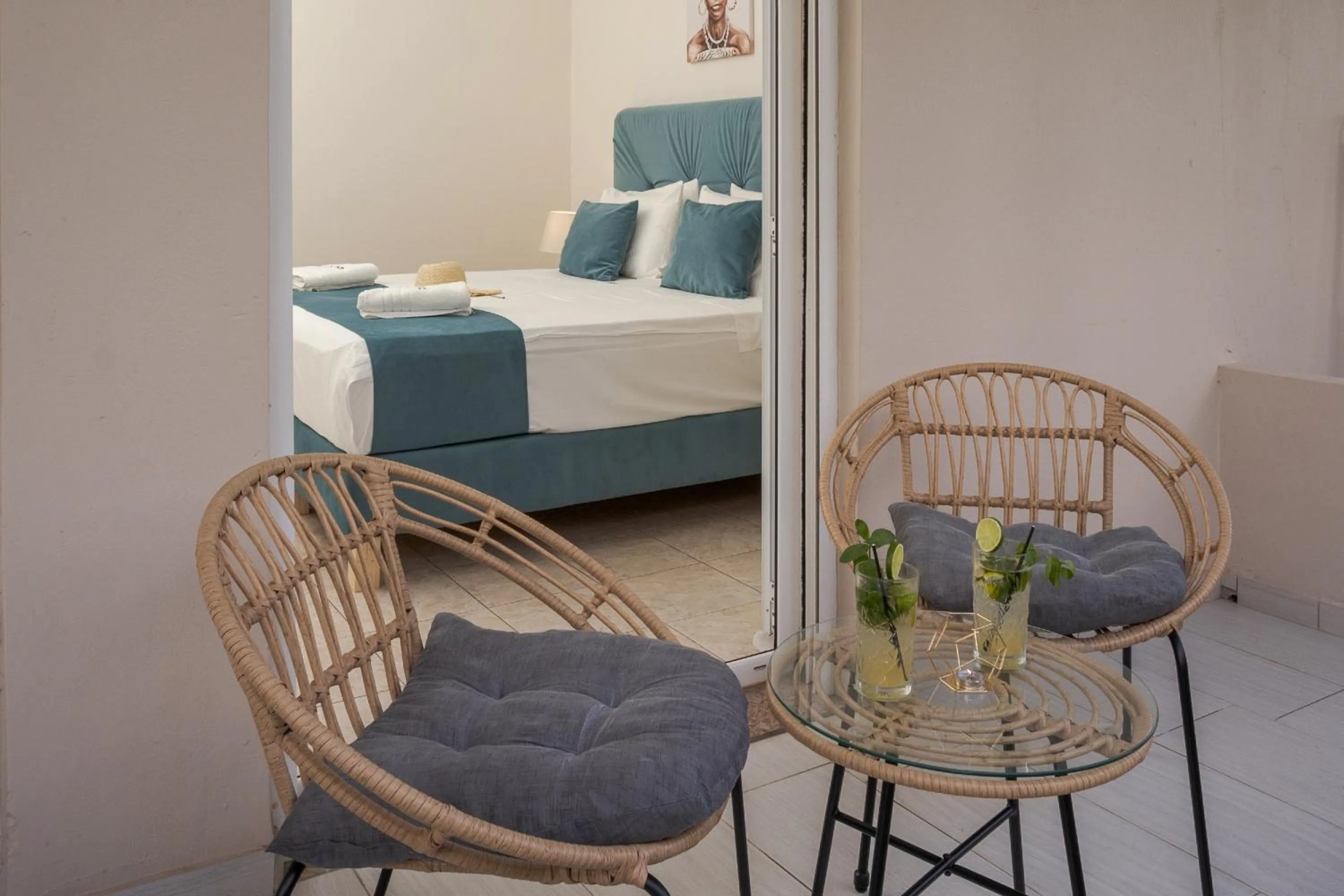 Balcony/Terrace, Bed in Despina Aparthotel by Philoxenia Hotel & SPA